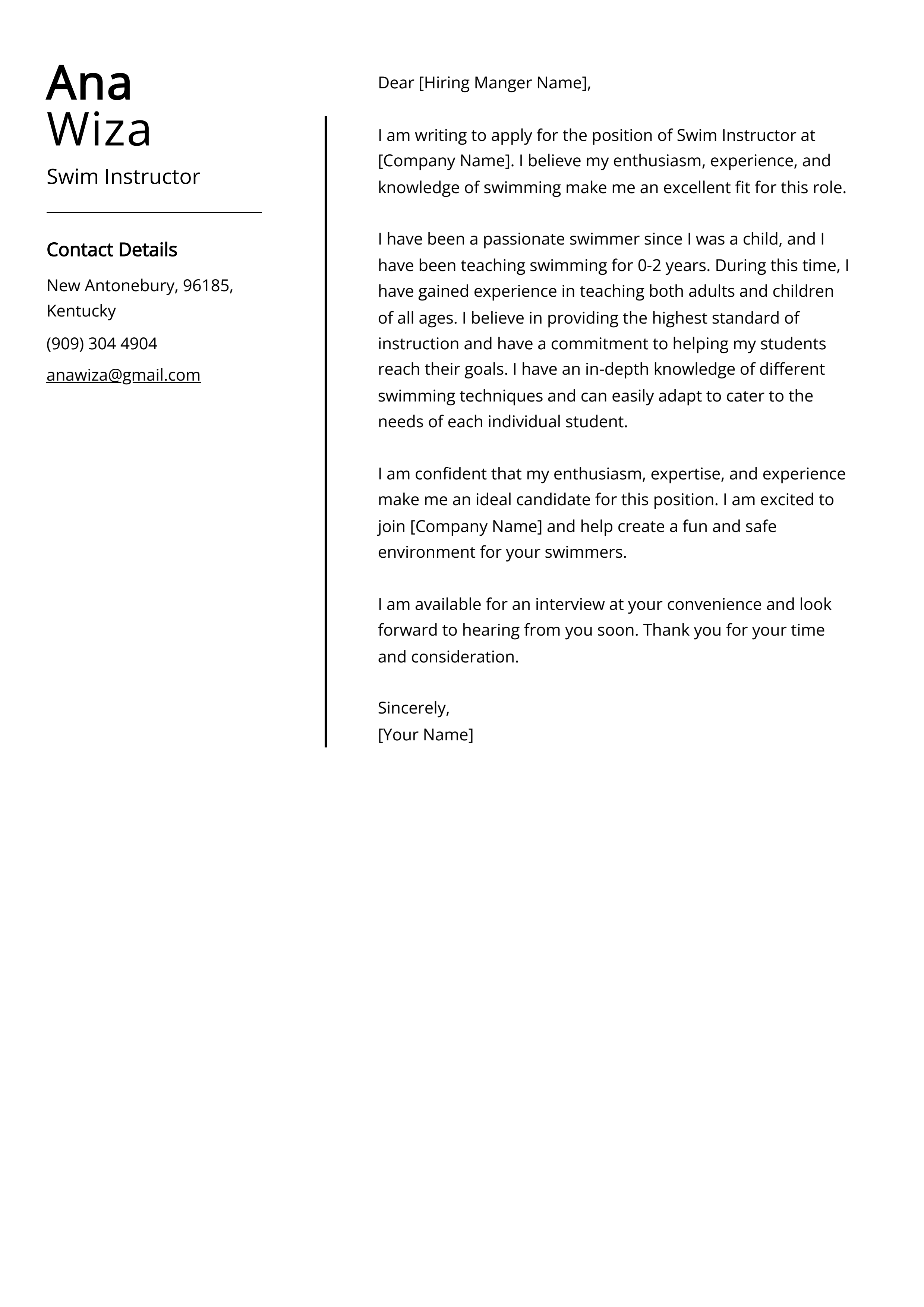 Swim Instructor Cover Letter Example