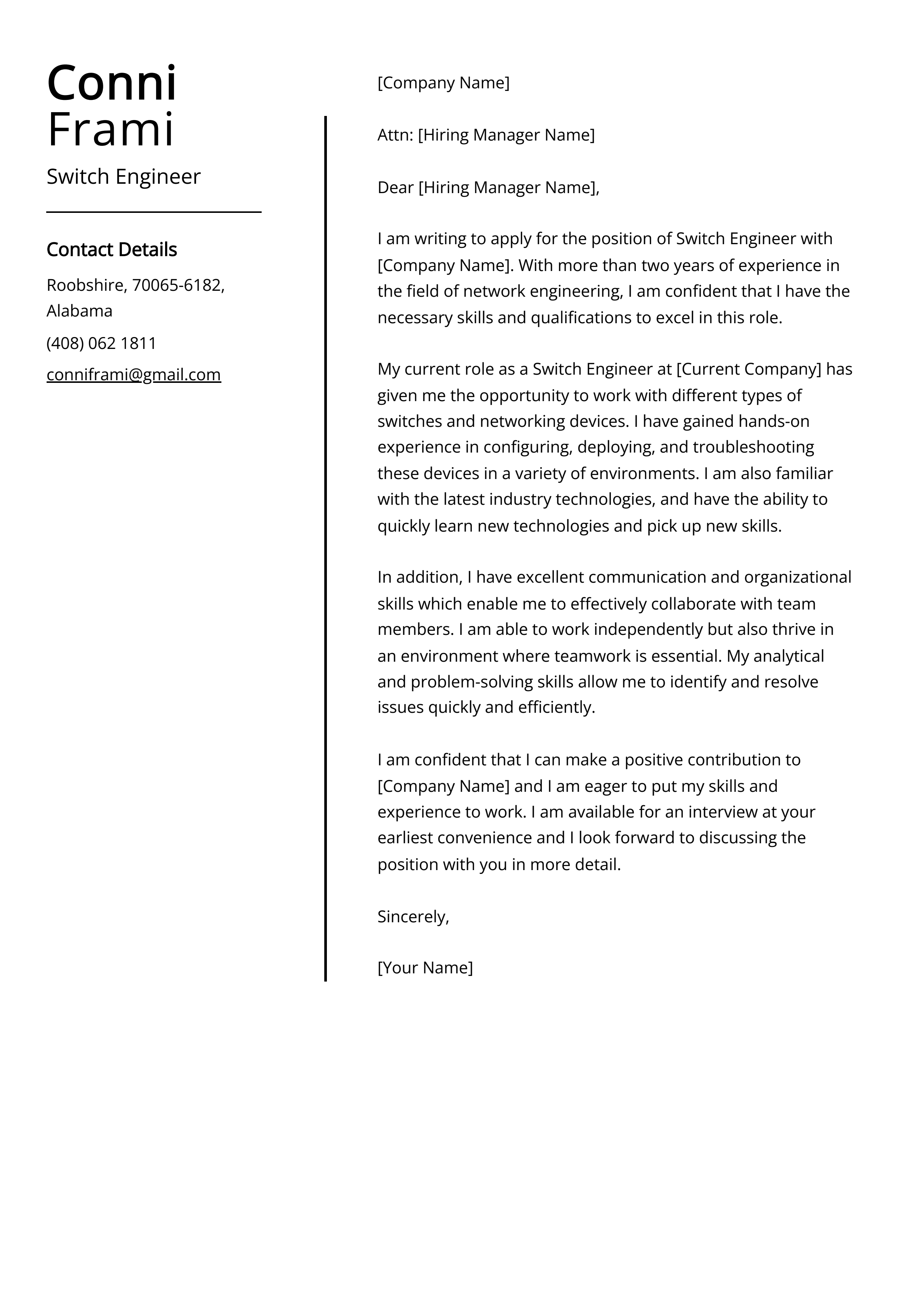 Switch Engineer Cover Letter Example