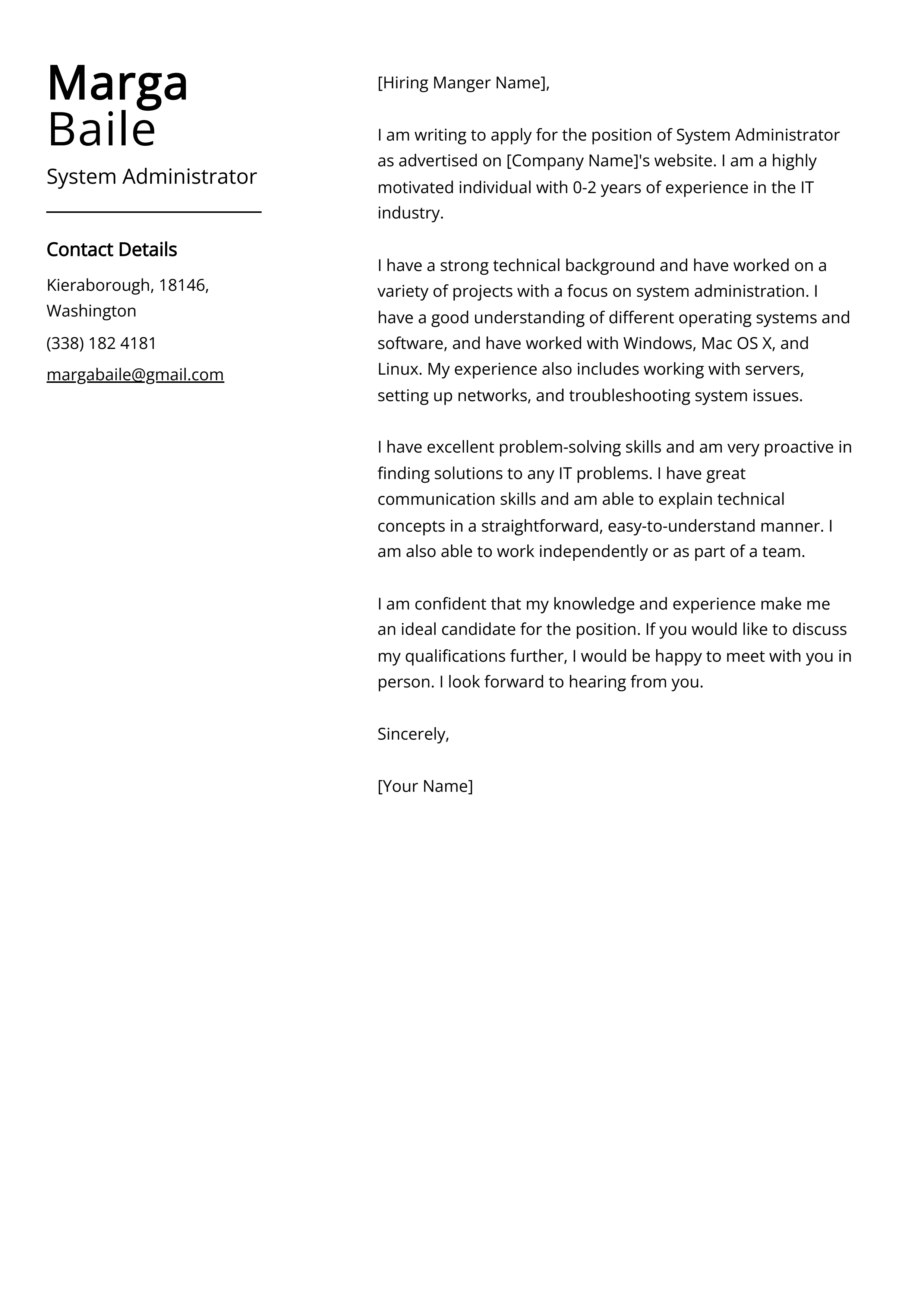 System Administrator Cover Letter Example