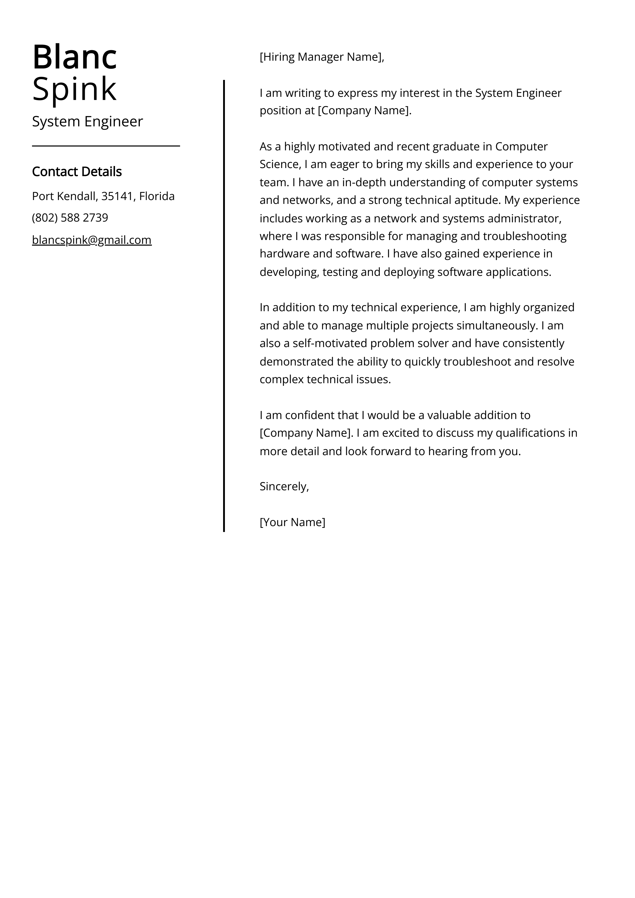 Experienced System Engineer Cover Letter Example