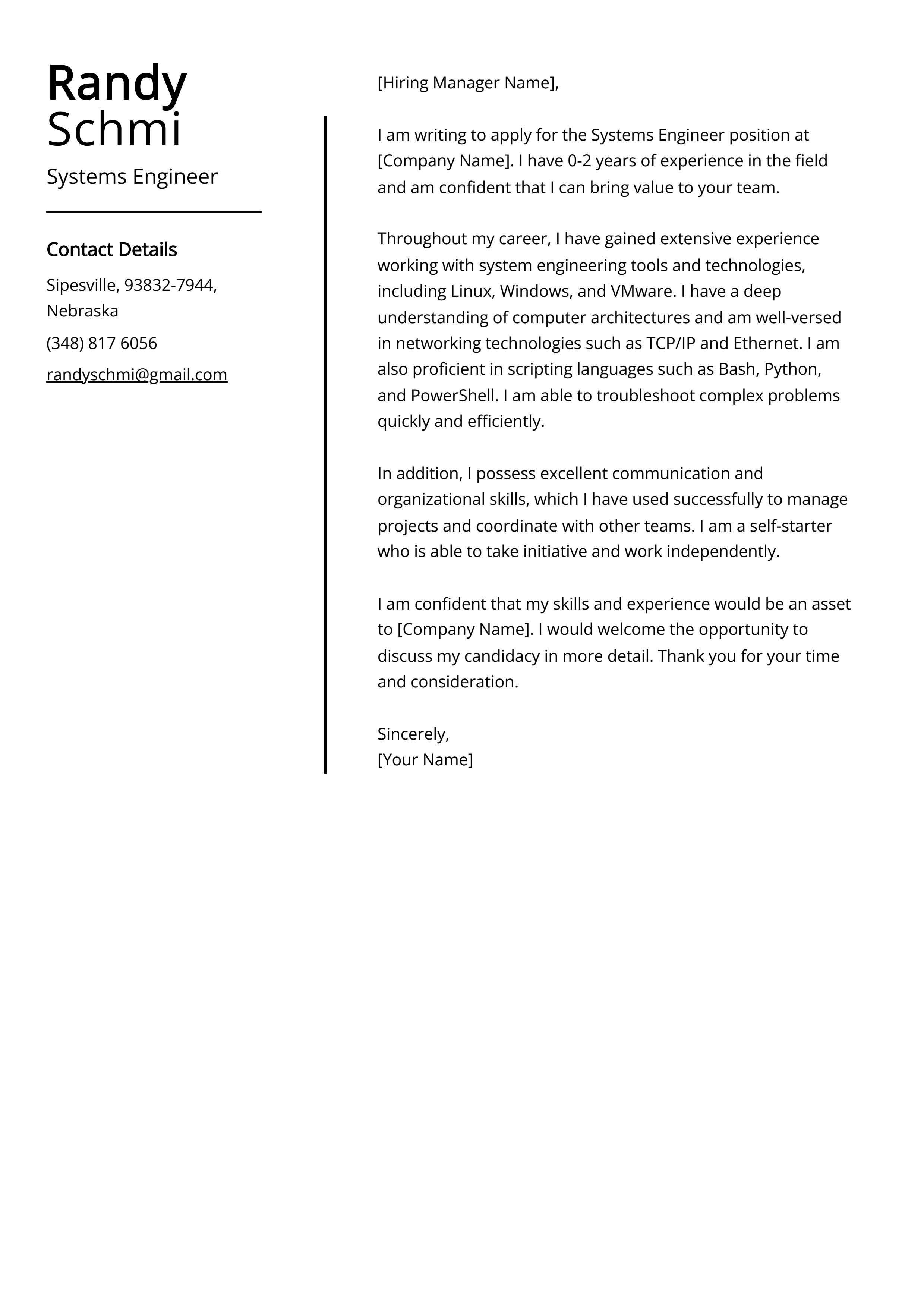 Systems Engineer Cover Letter Example