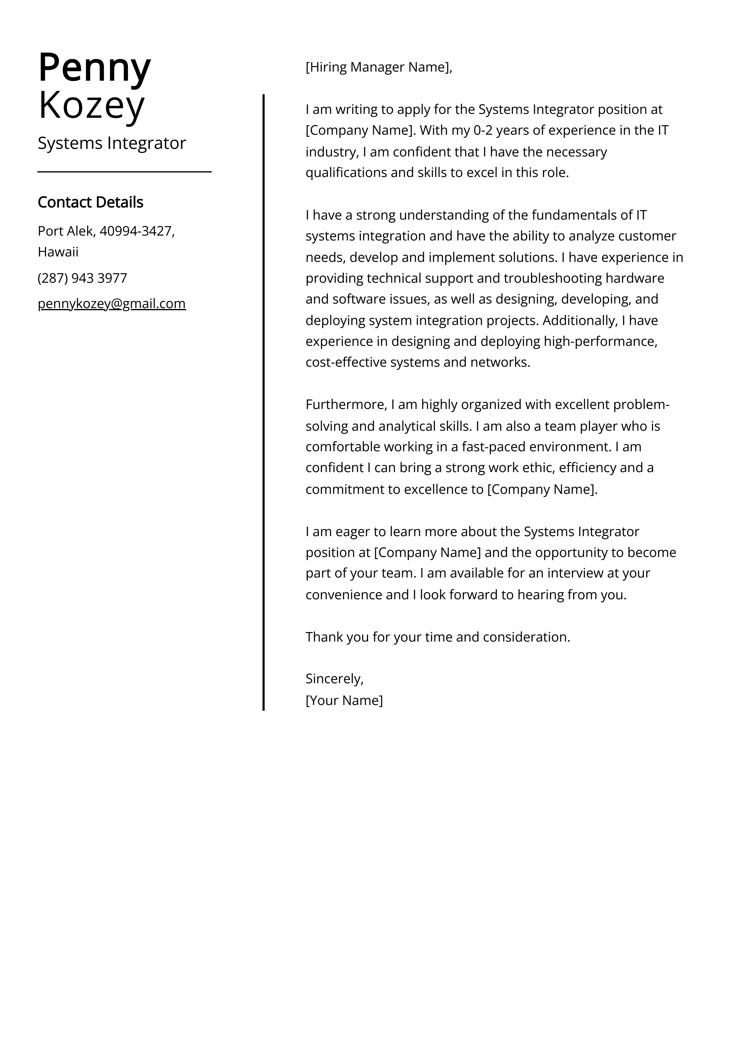 Systems Integrator Cover Letter Example