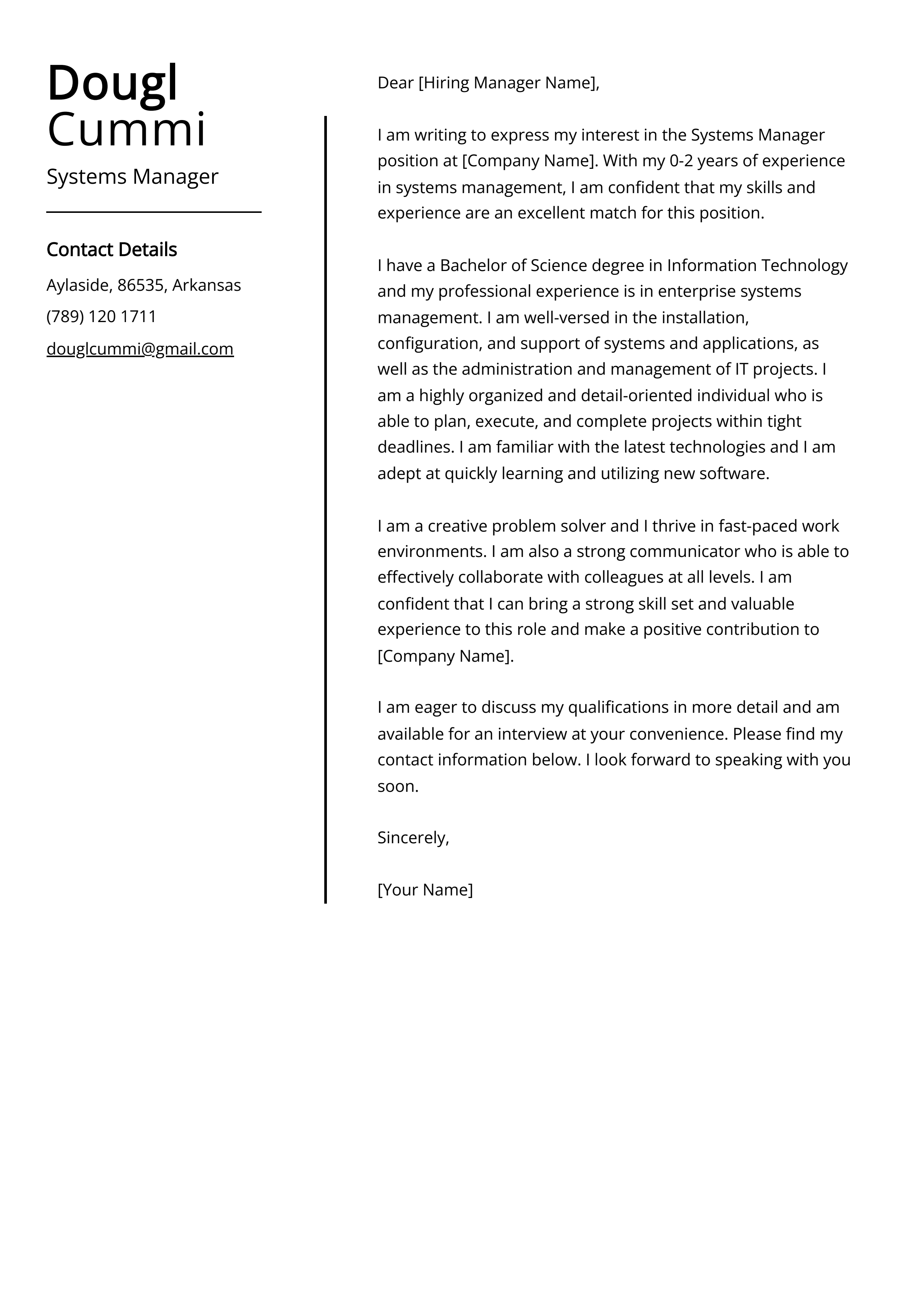 Systems Manager Cover Letter Example