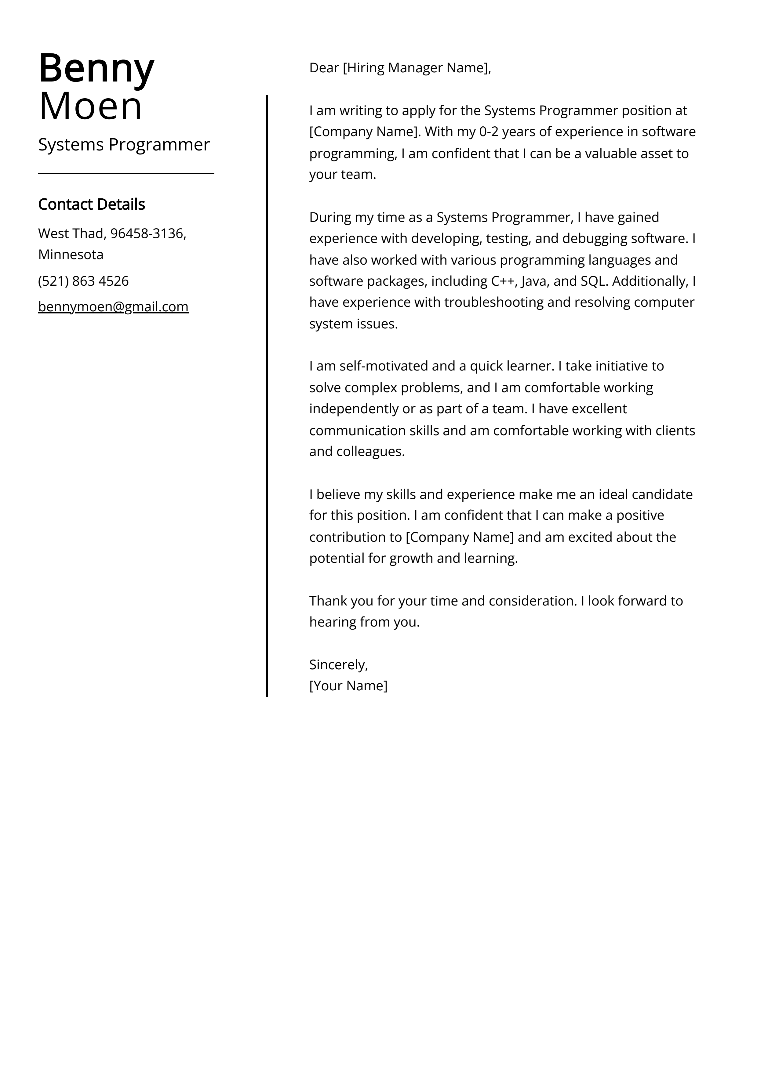Systems Programmer Cover Letter Example