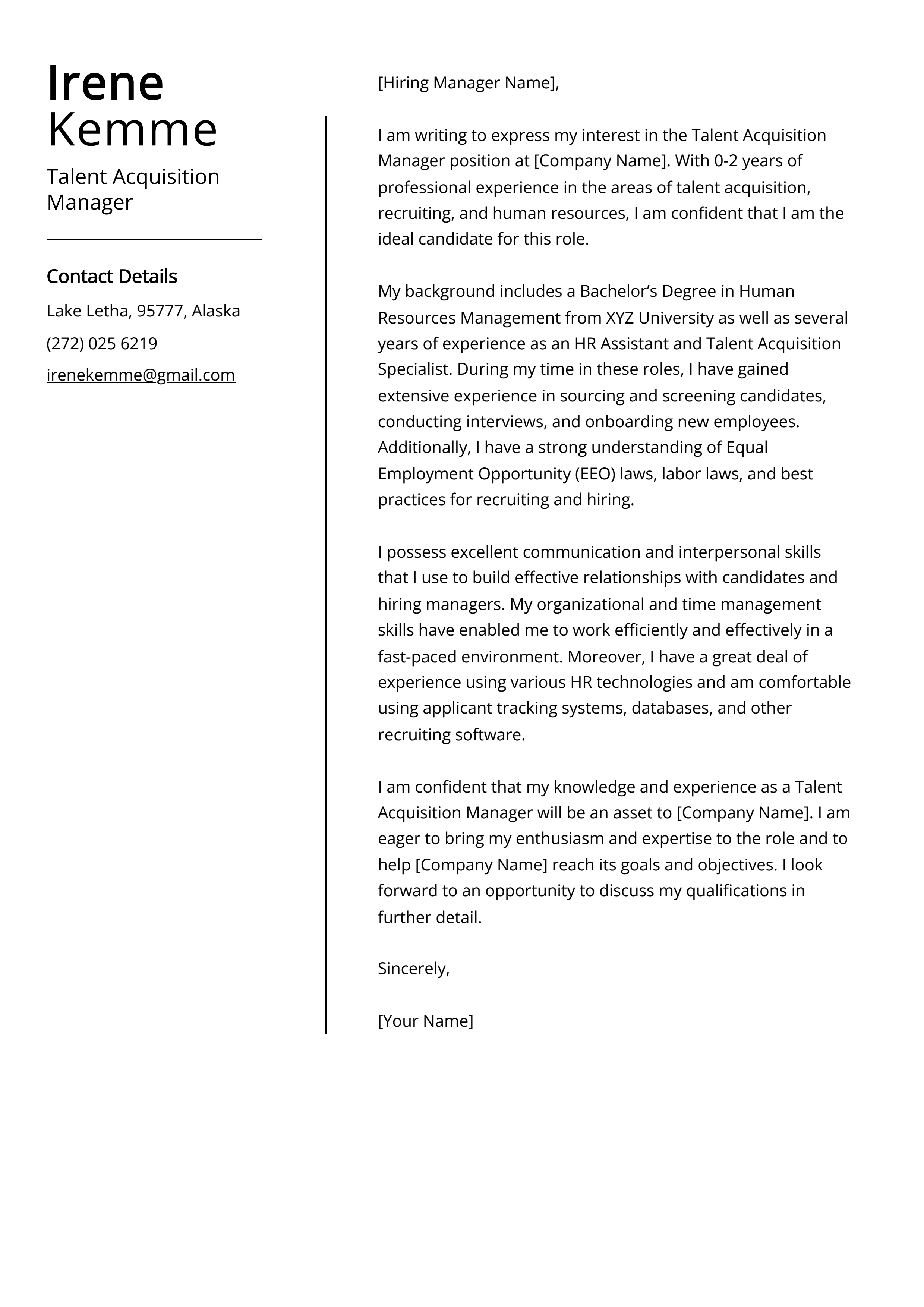 Talent Acquisition Manager Cover Letter Example