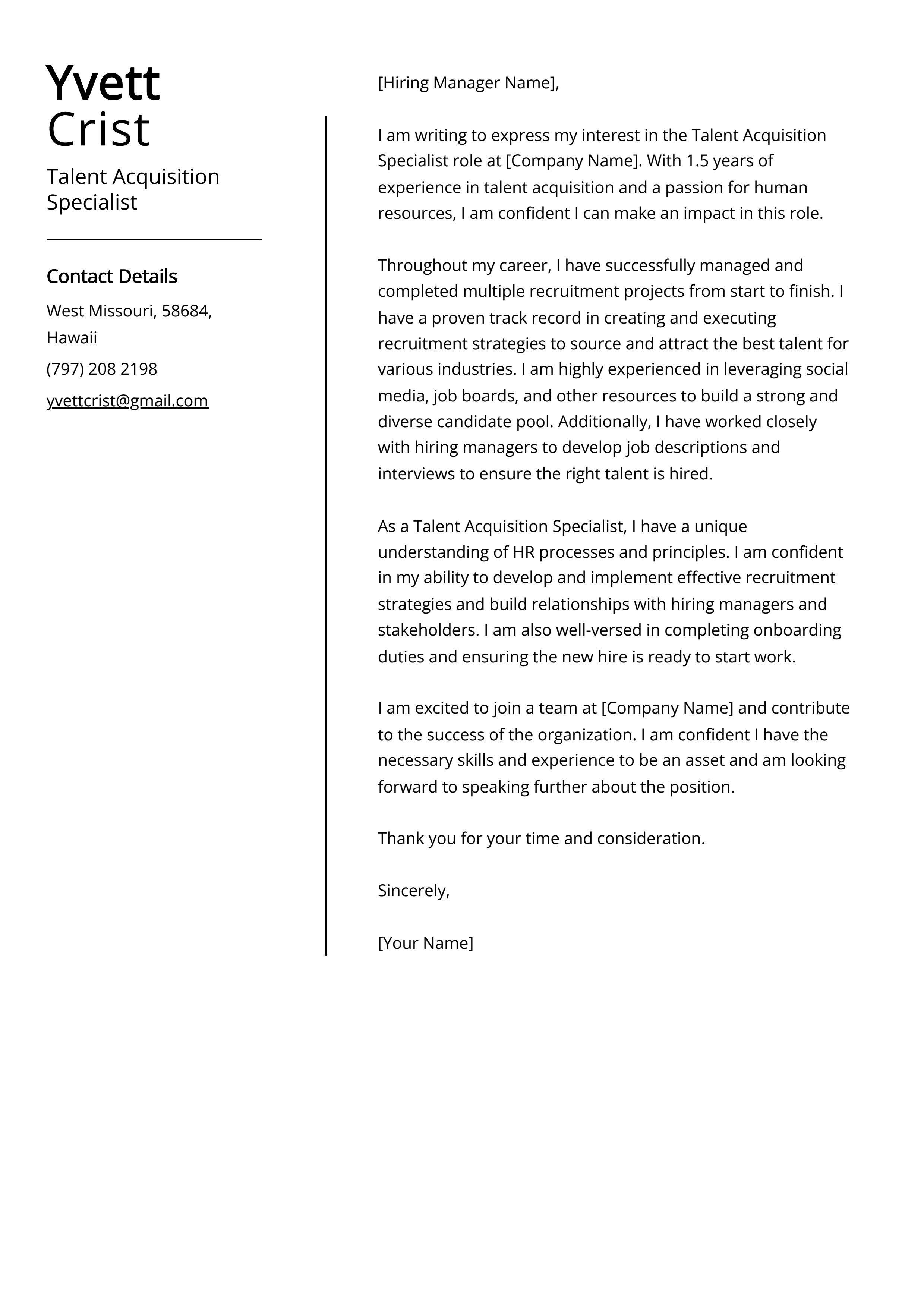 Talent Acquisition Specialist Cover Letter Example