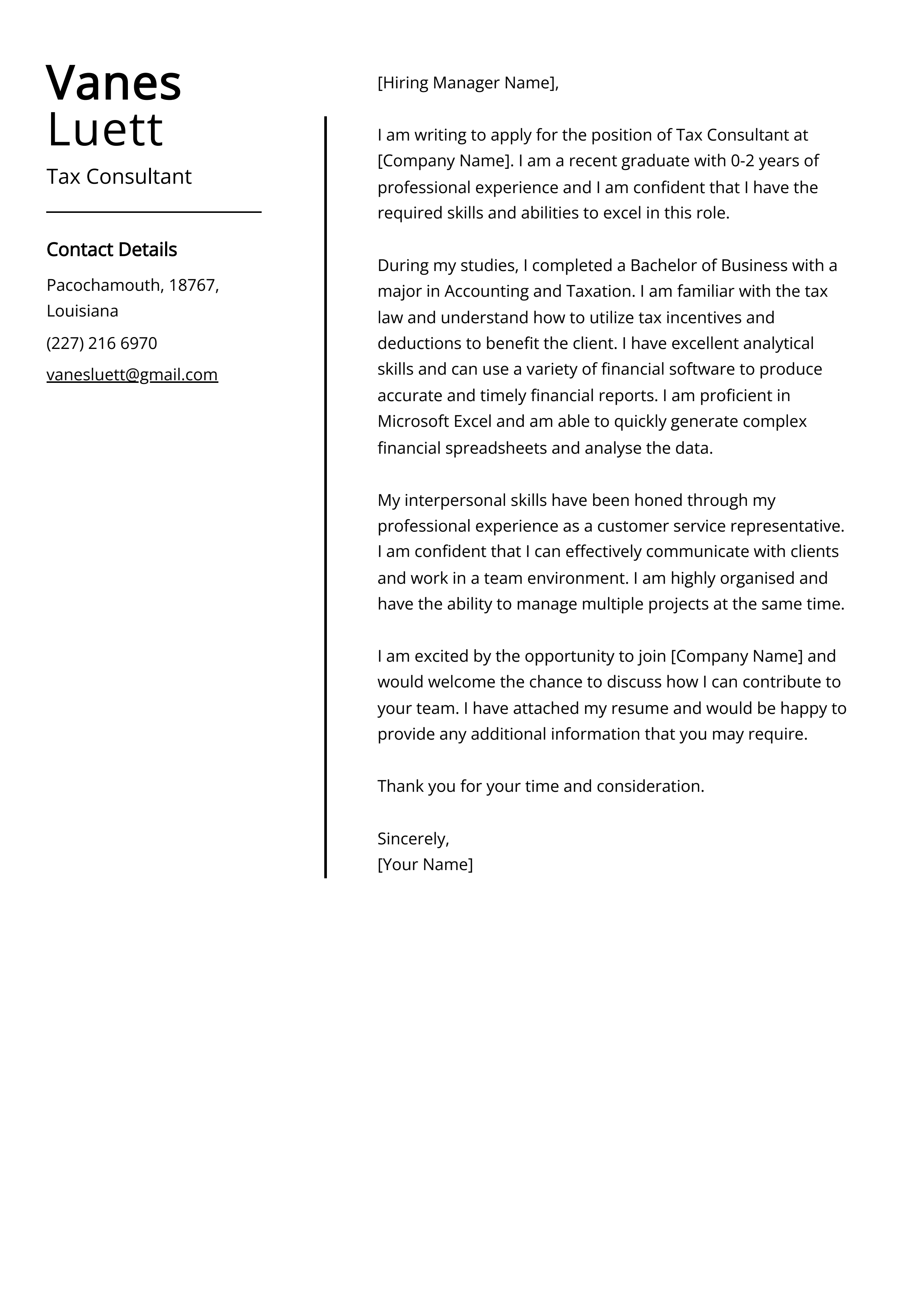 Tax Consultant Cover Letter Example