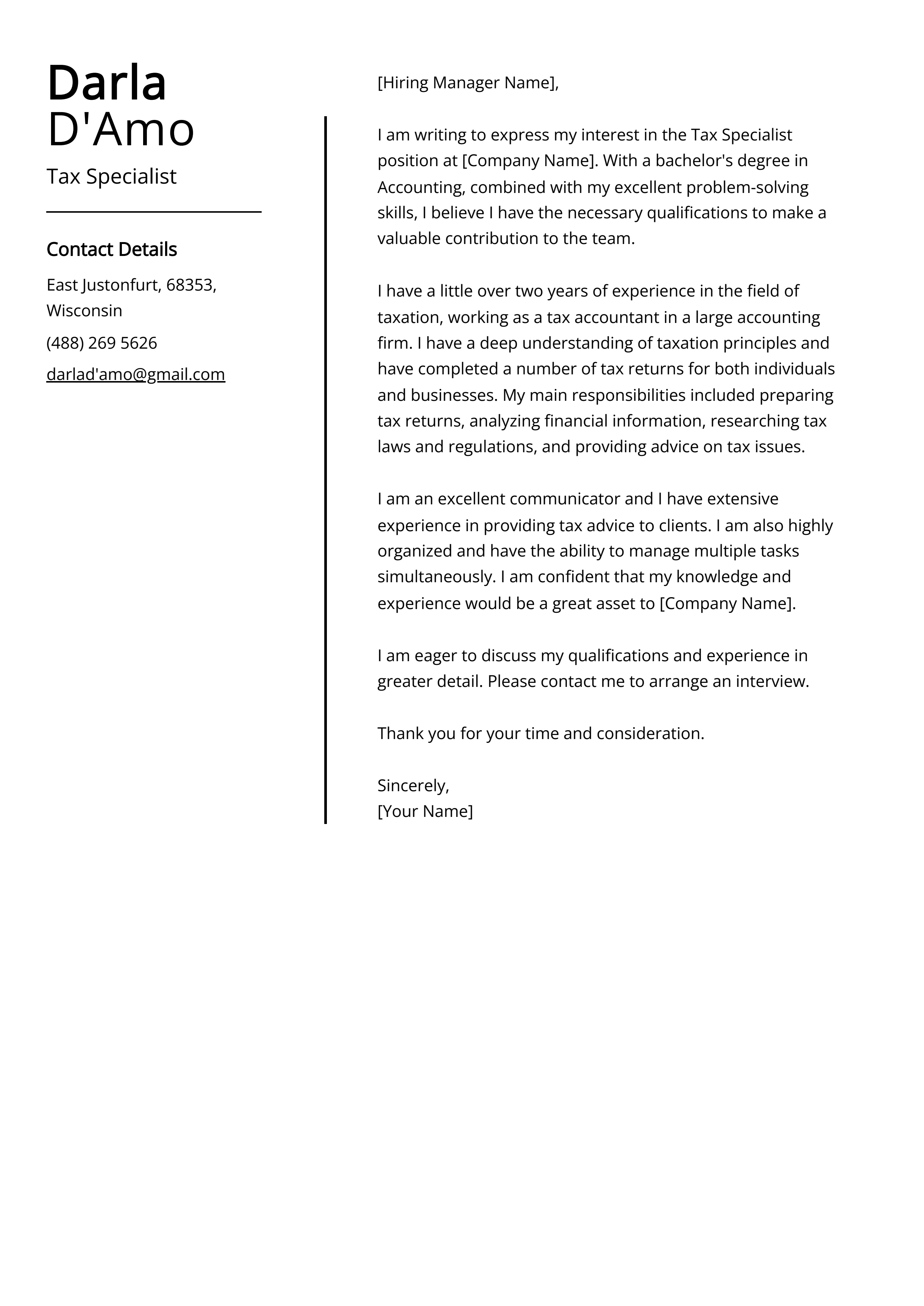 Tax Specialist Cover Letter Example