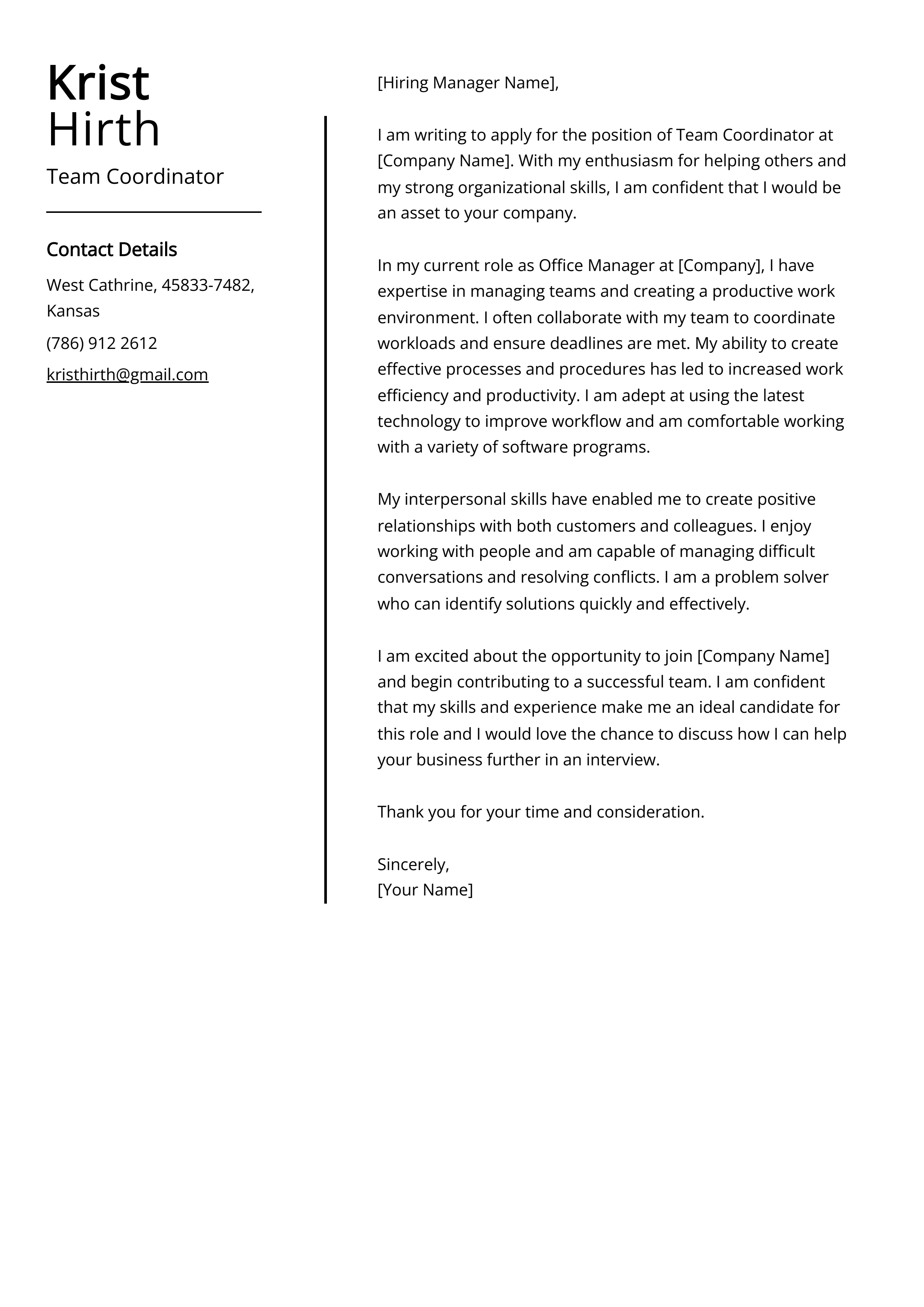 Team Coordinator Cover Letter Example