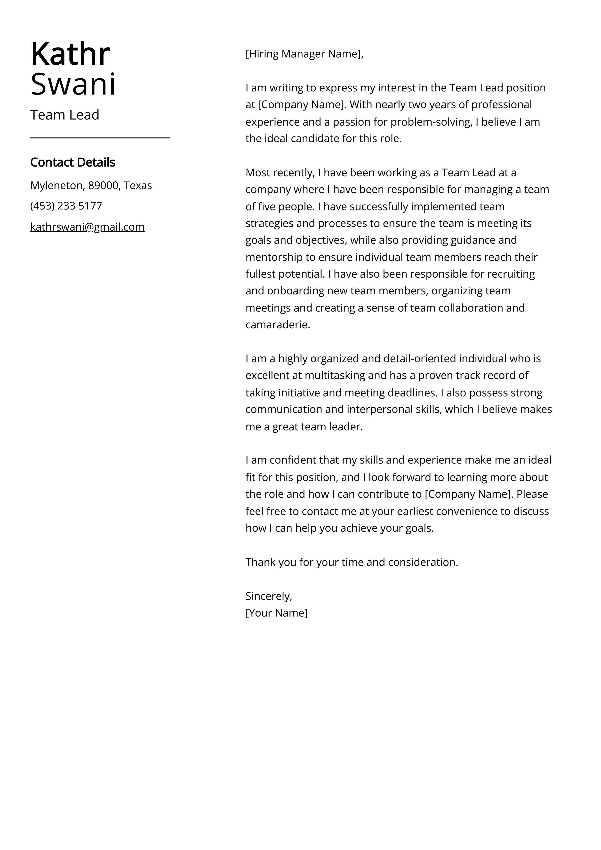 Team Lead Cover Letter Example