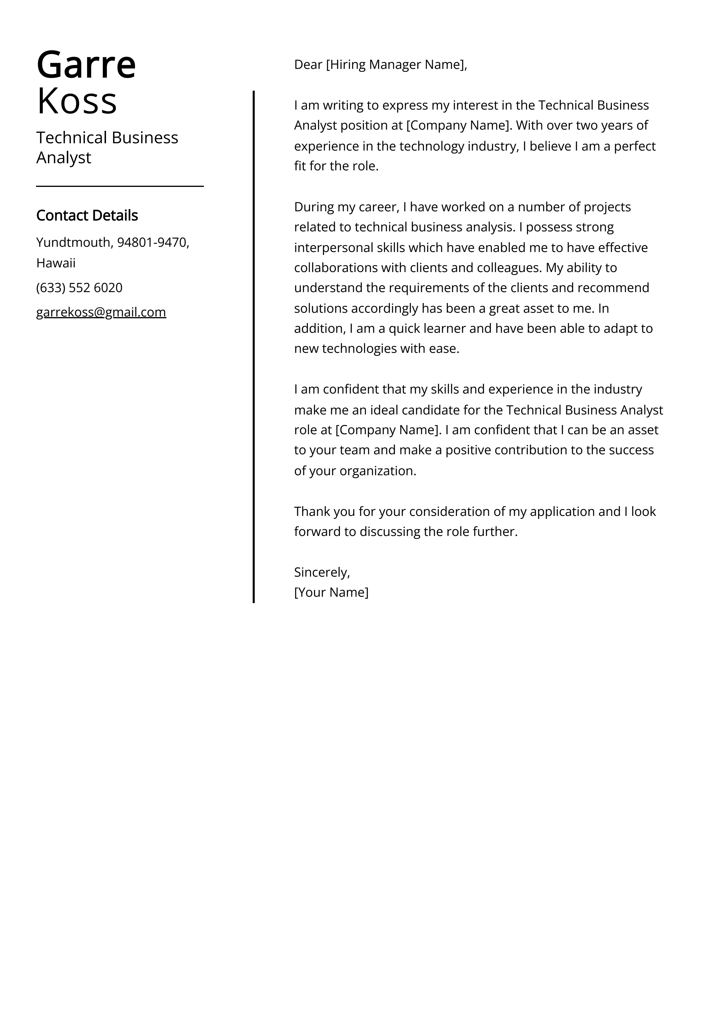 Technical Business Analyst Cover Letter Example