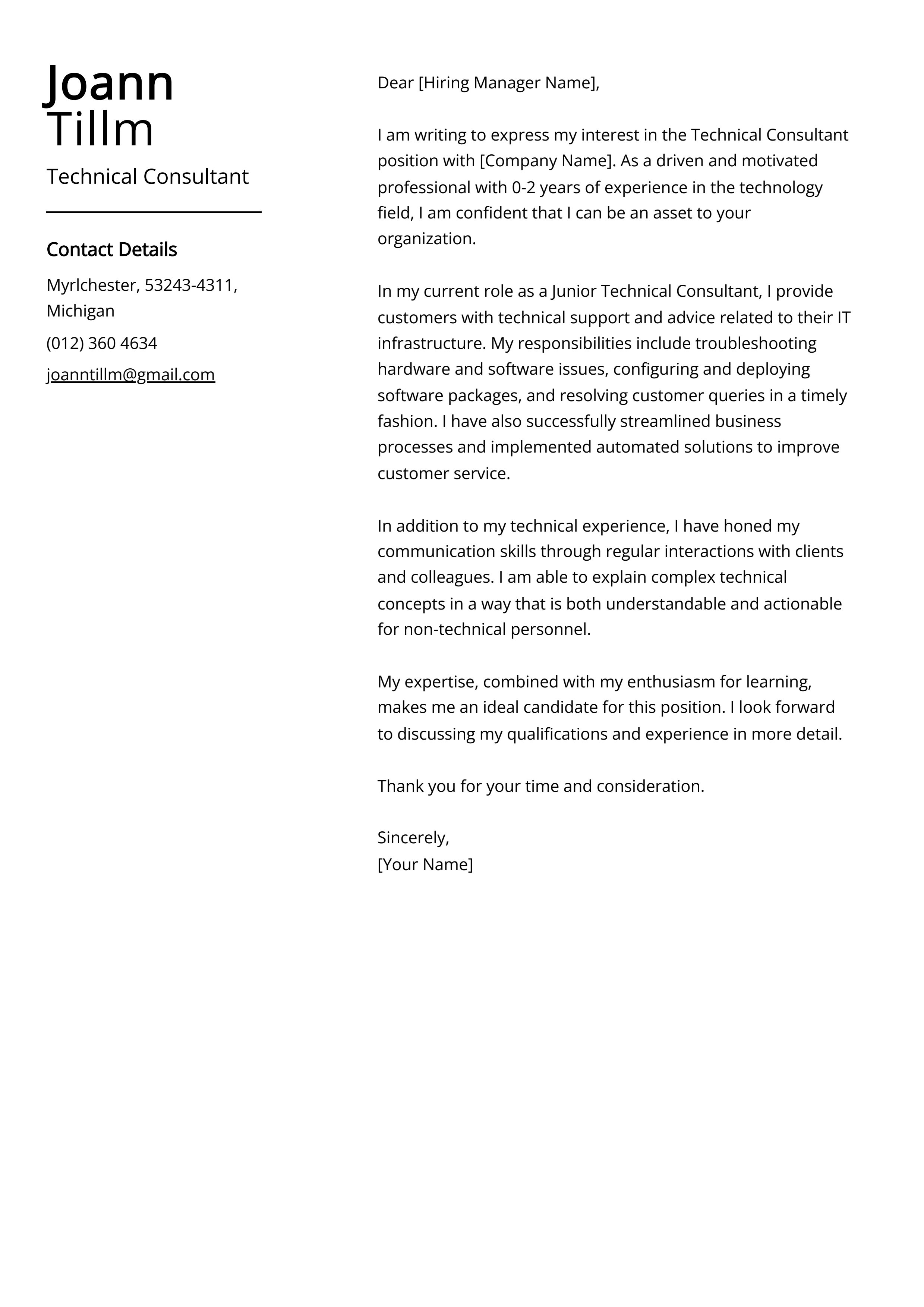 Technical Consultant Cover Letter Example