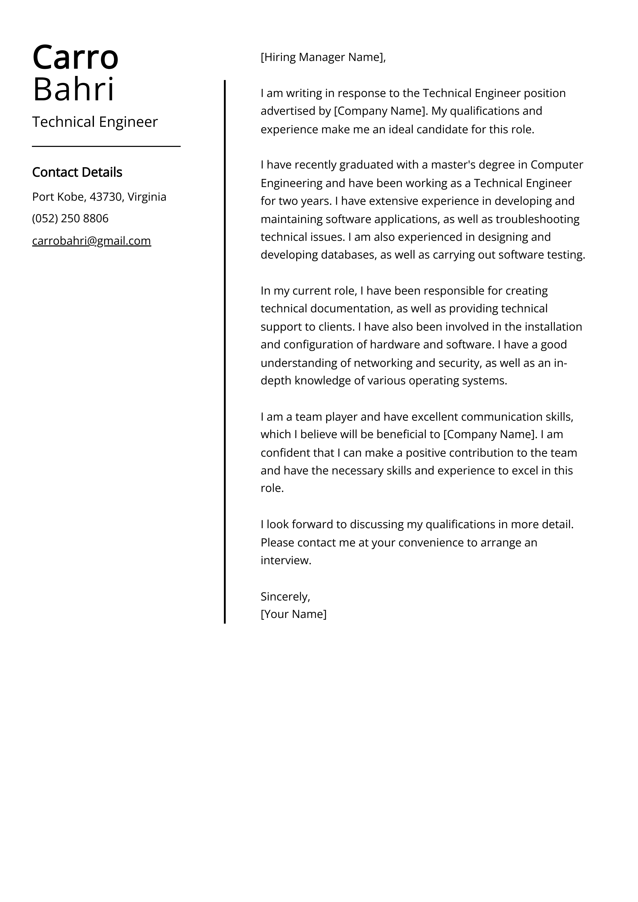 Technical Engineer Cover Letter Example