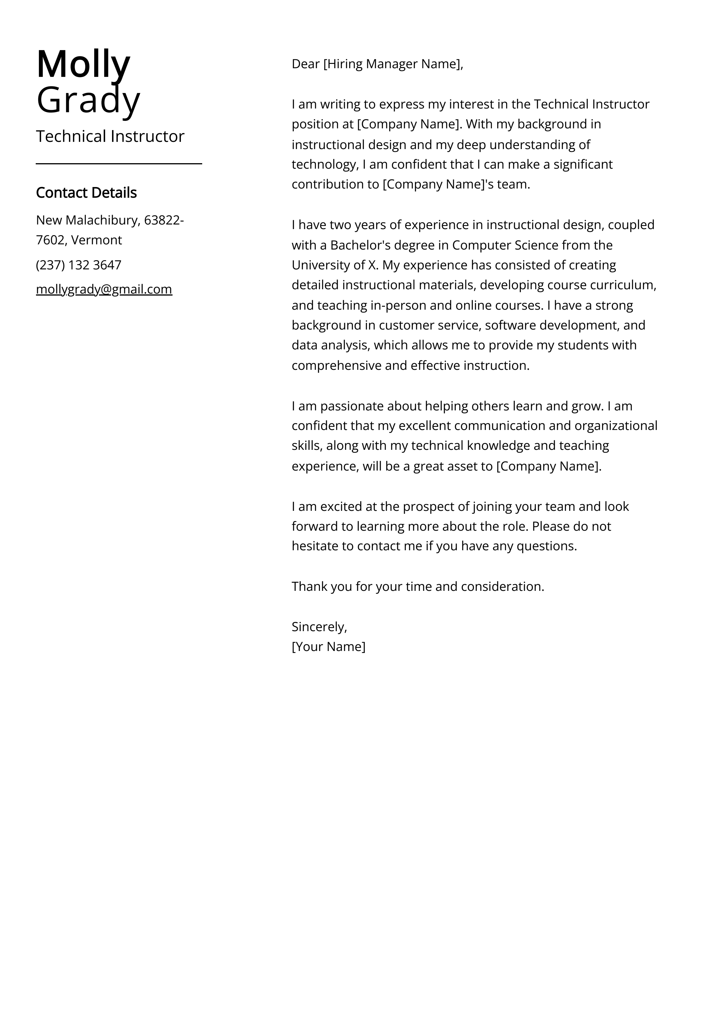 Technical Instructor Cover Letter Example