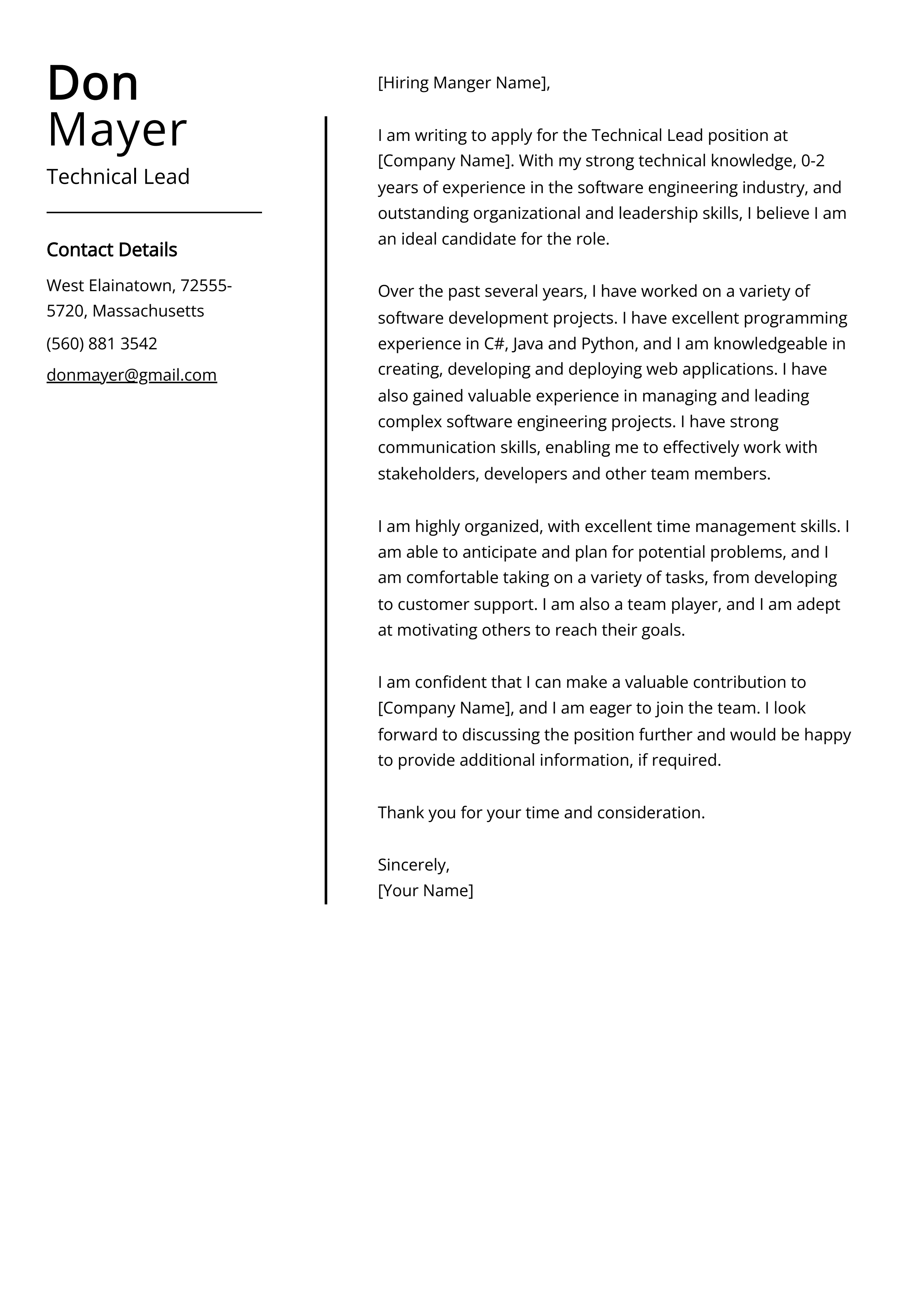 Technical Lead Cover Letter Example