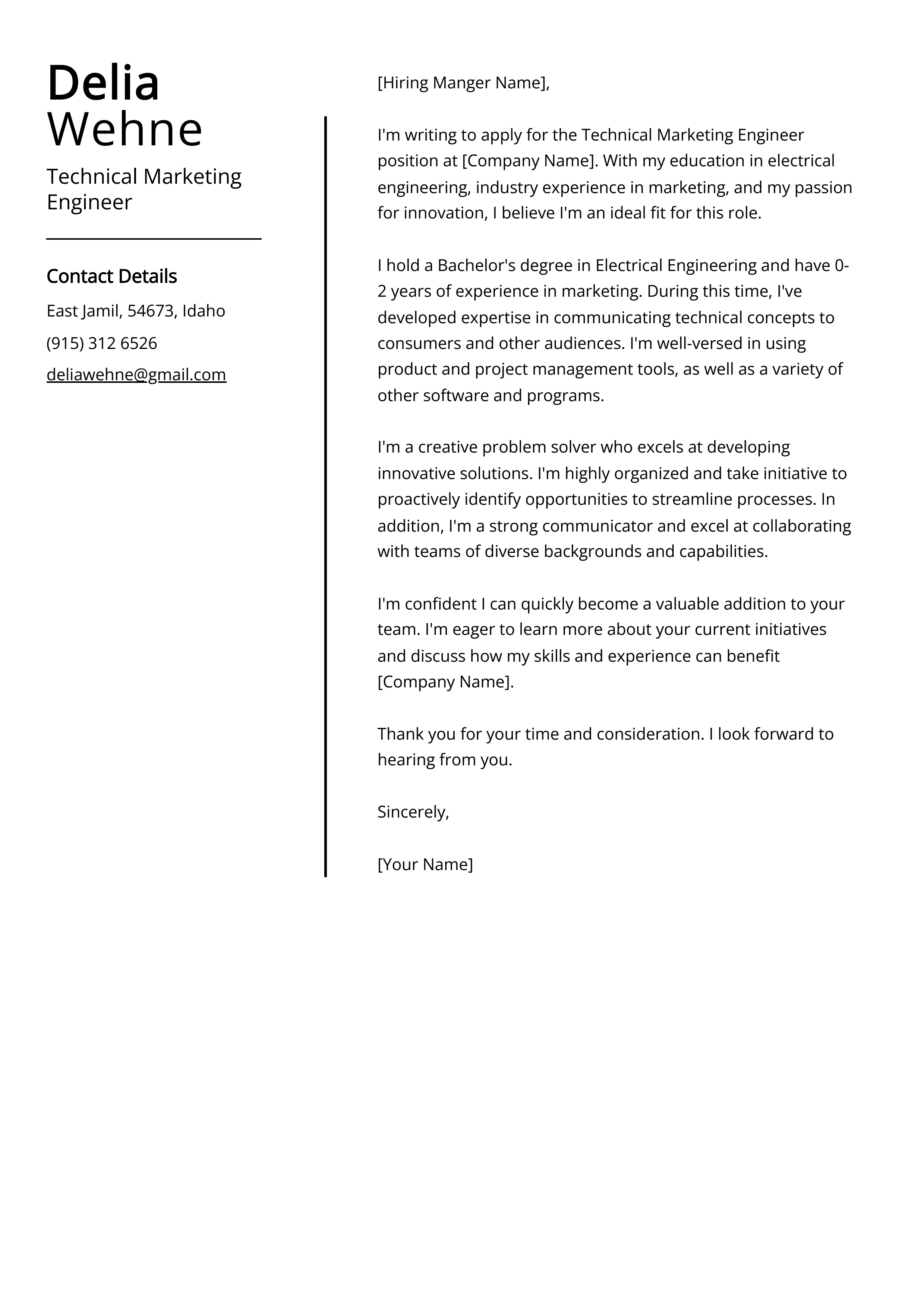 Technical Marketing Engineer Cover Letter Example