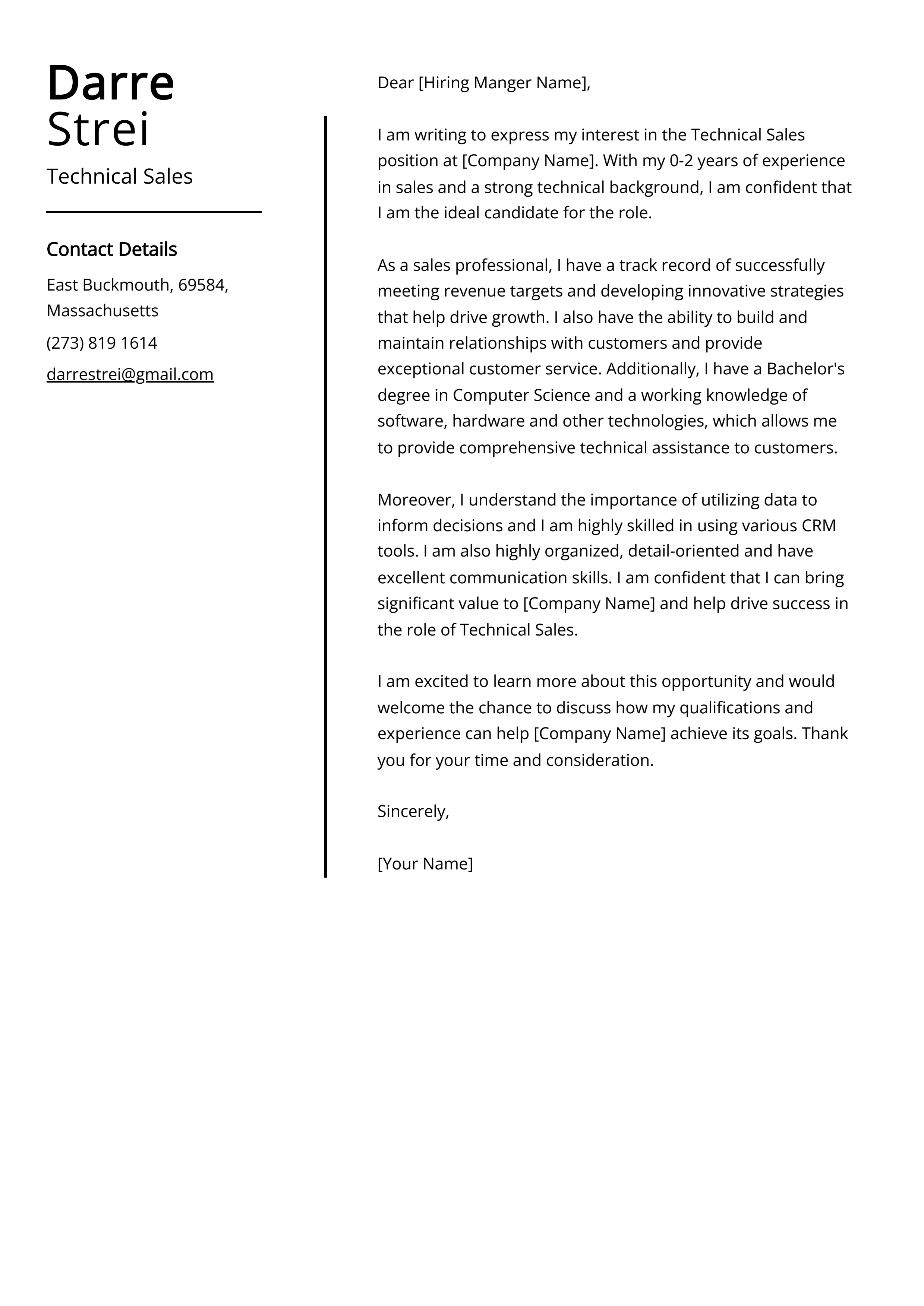 Technical Sales Cover Letter Example