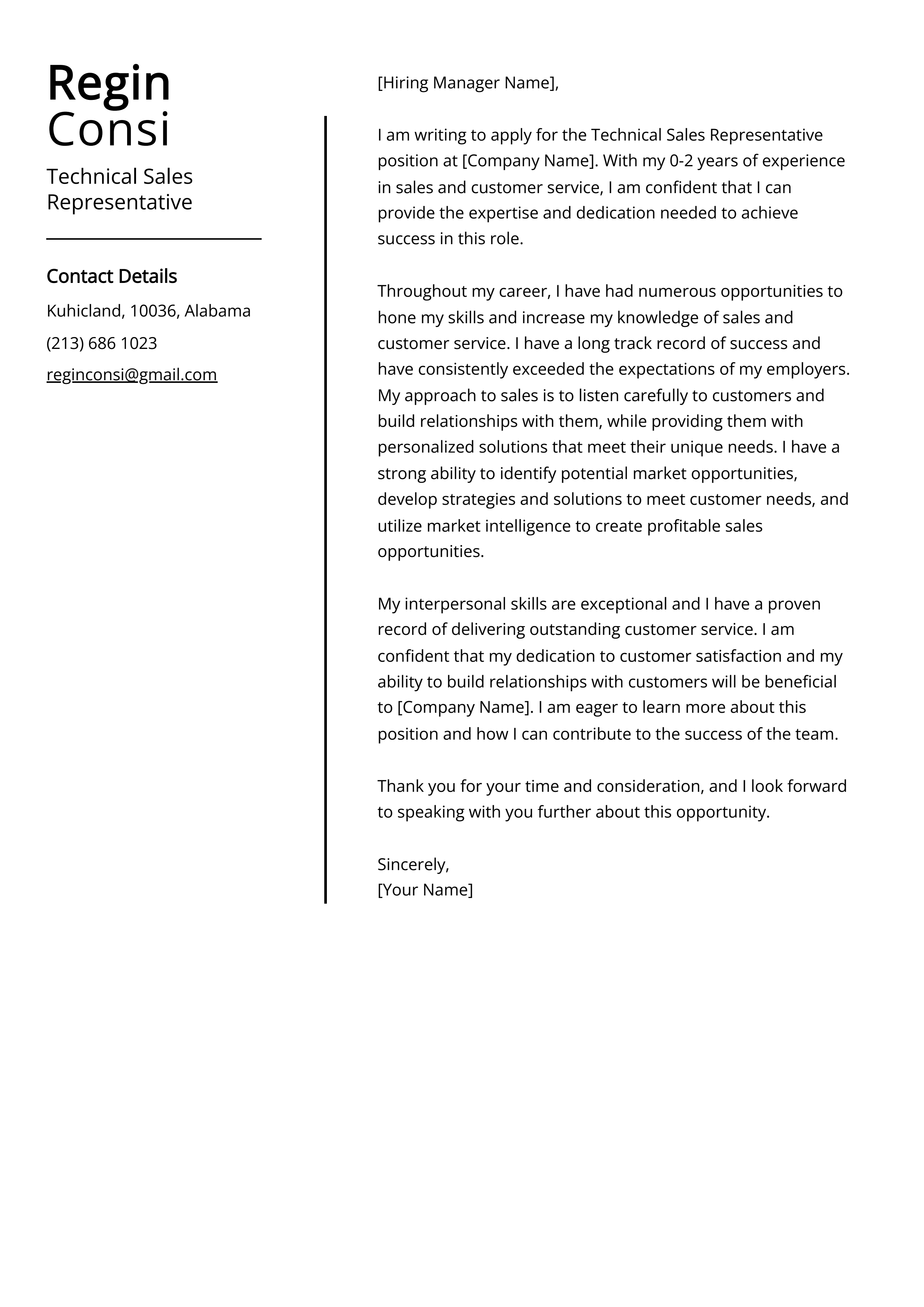 Technical Sales Representative Cover Letter Example