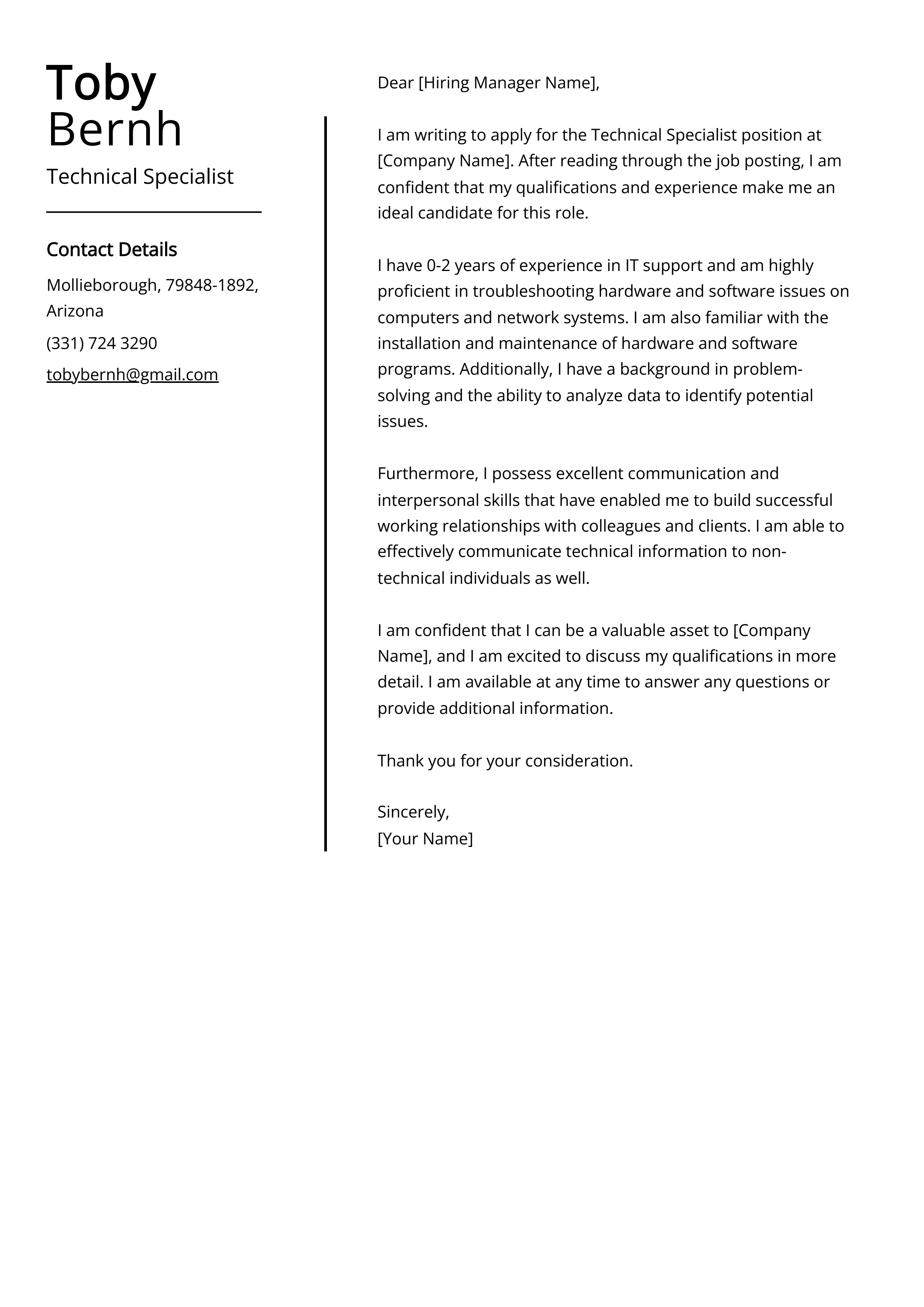 Technical Specialist Cover Letter Example