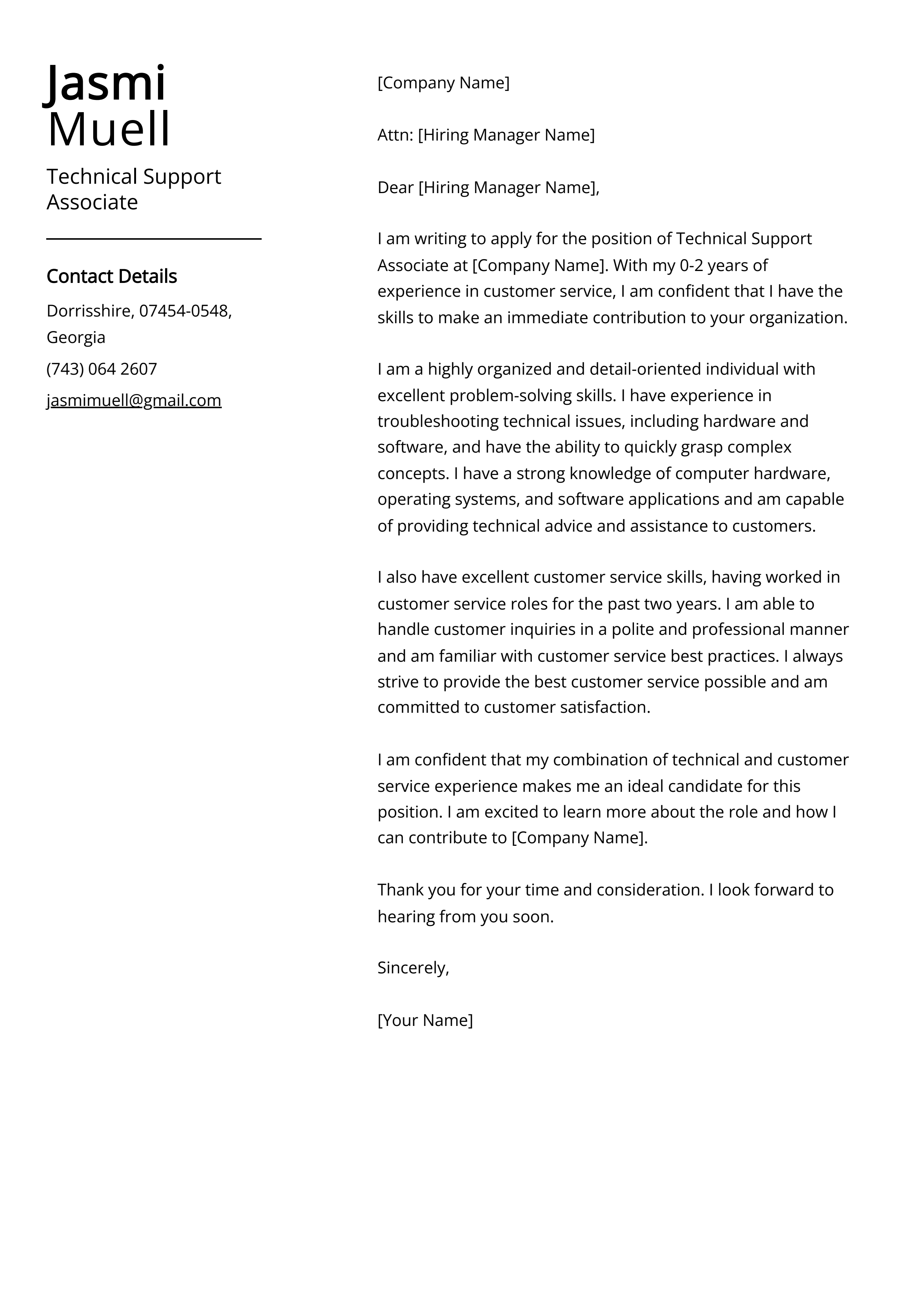 Technical Support Associate Cover Letter Example