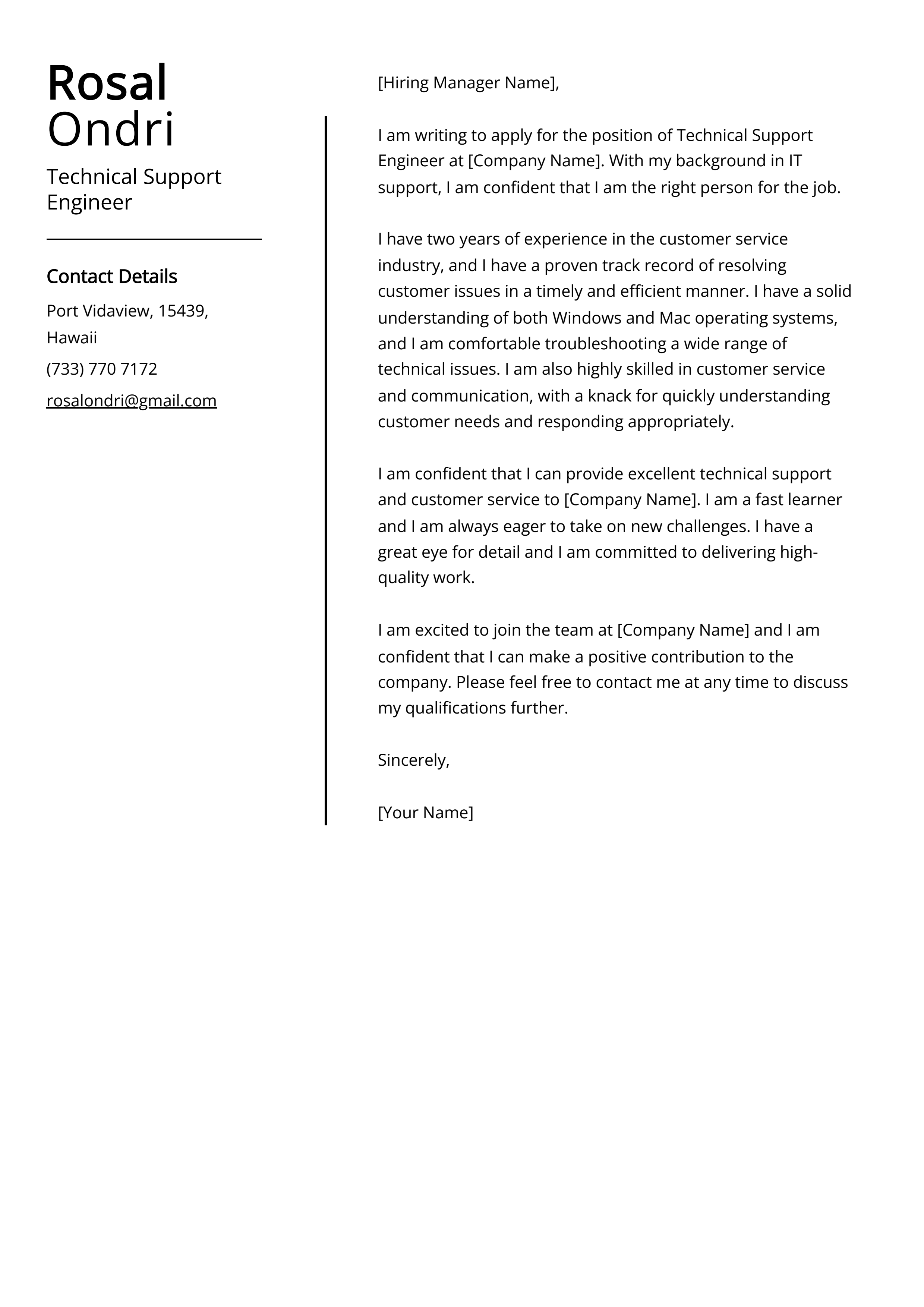 Technical Support Engineer Cover Letter Example