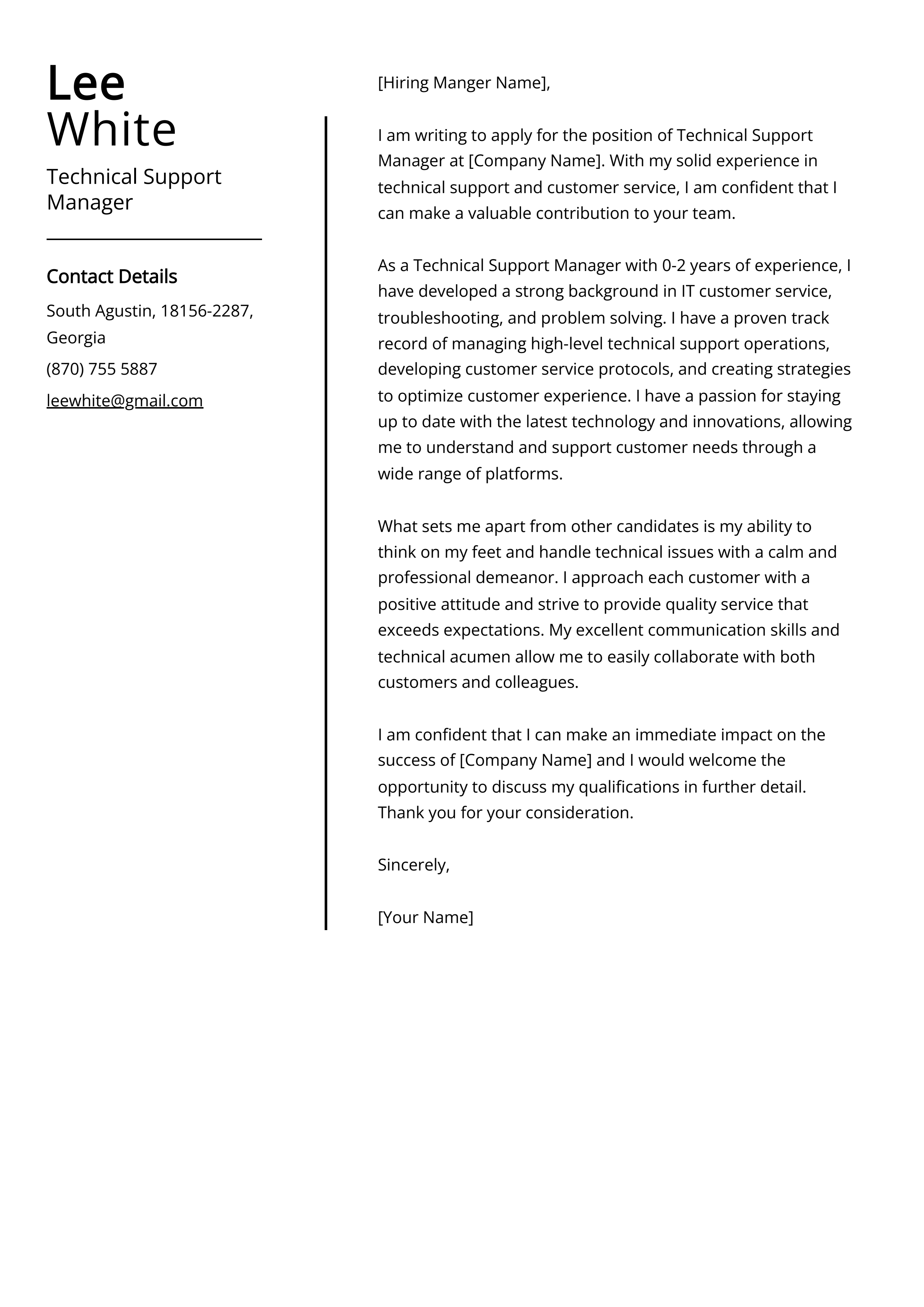 Technical Support Manager Cover Letter Example