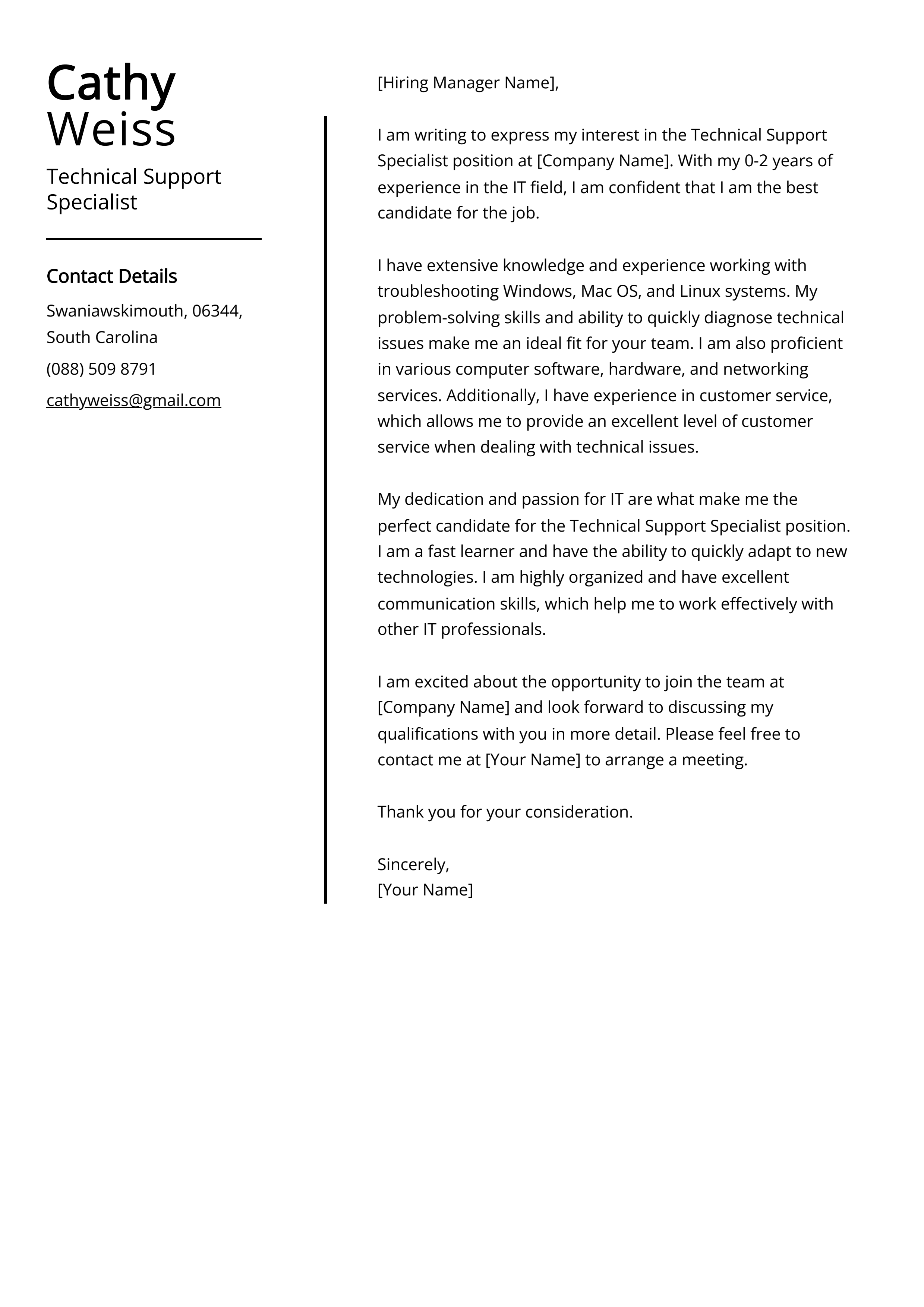 Technical Support Specialist Cover Letter Example