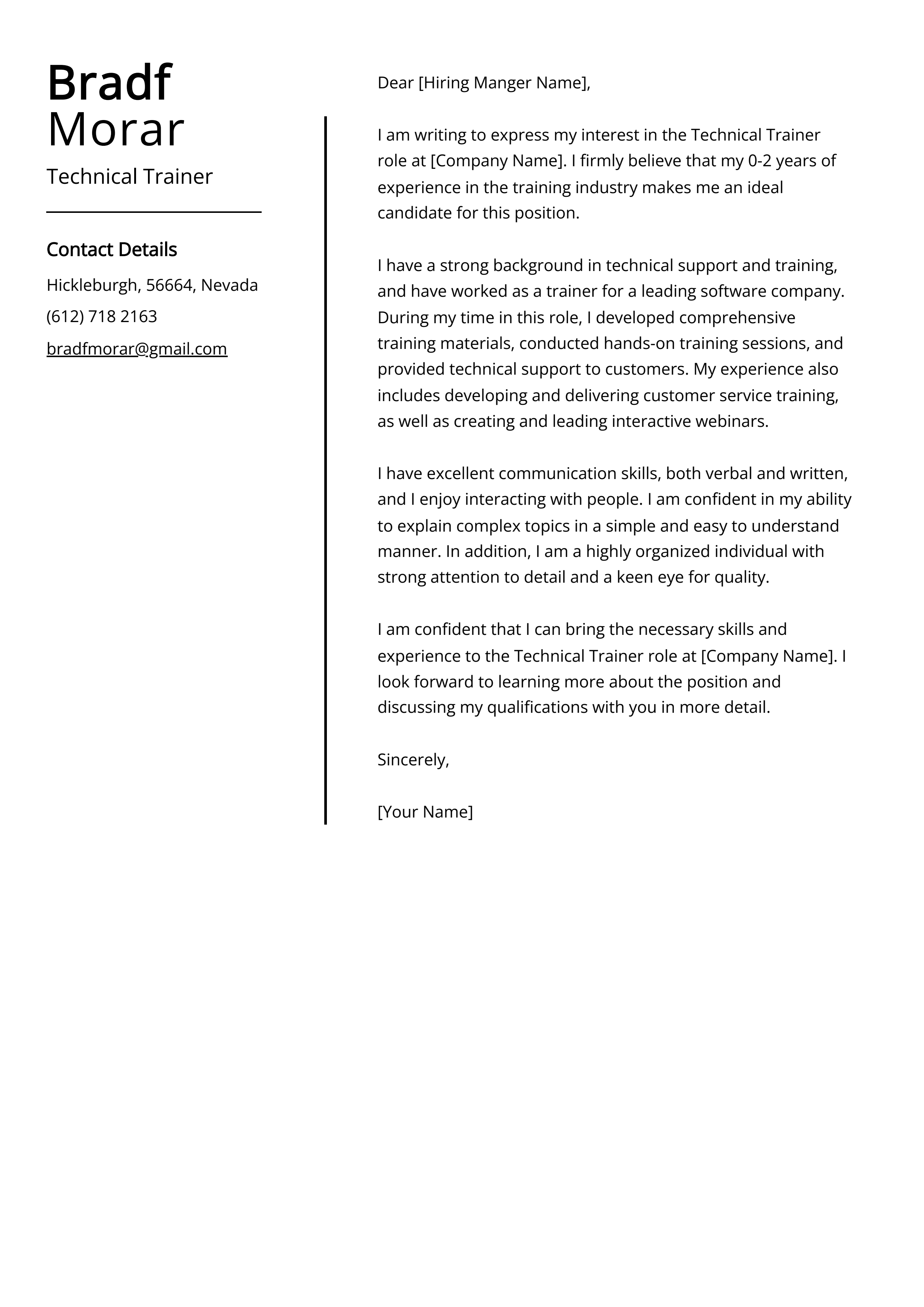 Technical Trainer Cover Letter Example