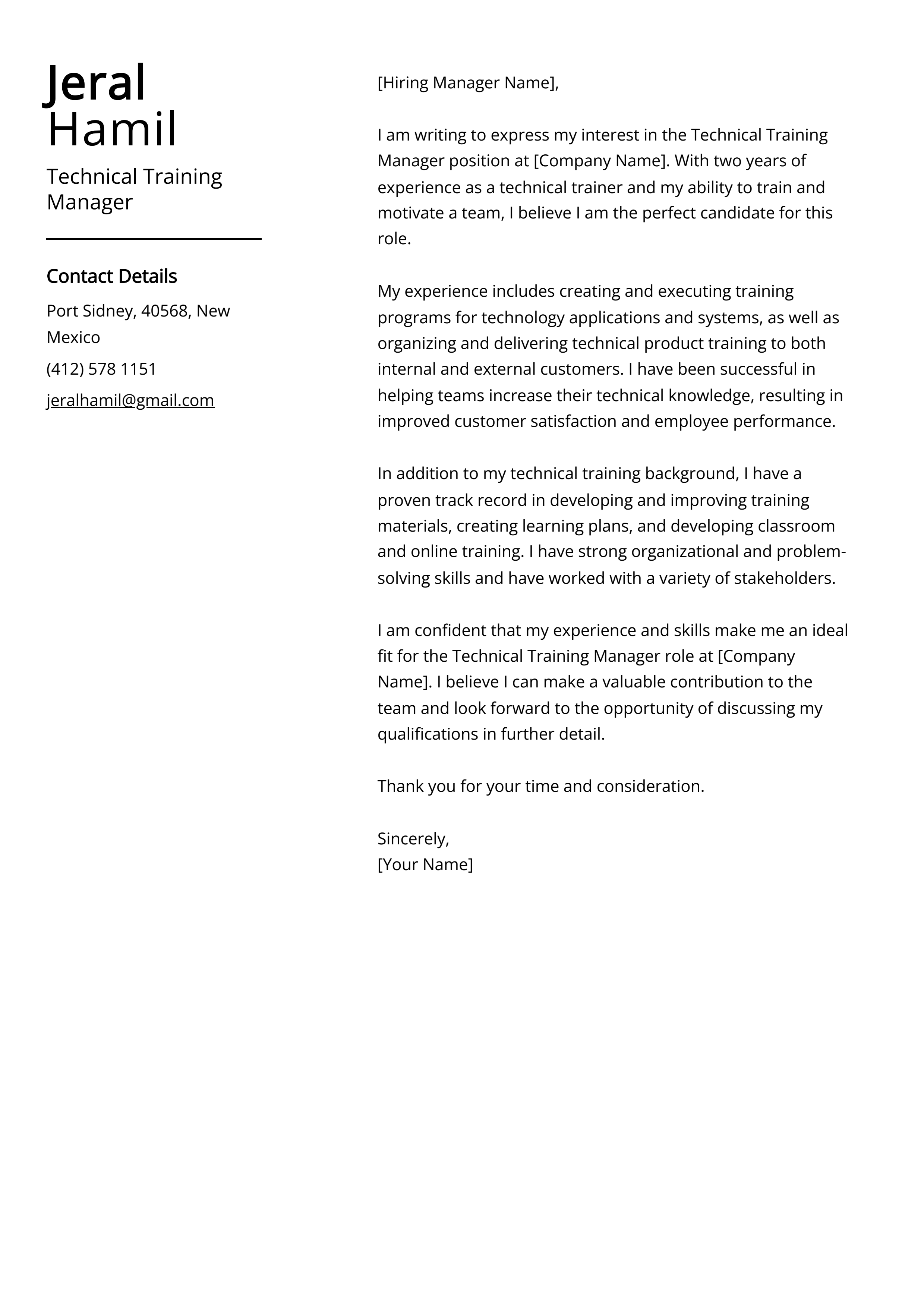 Technical Training Manager Cover Letter Example