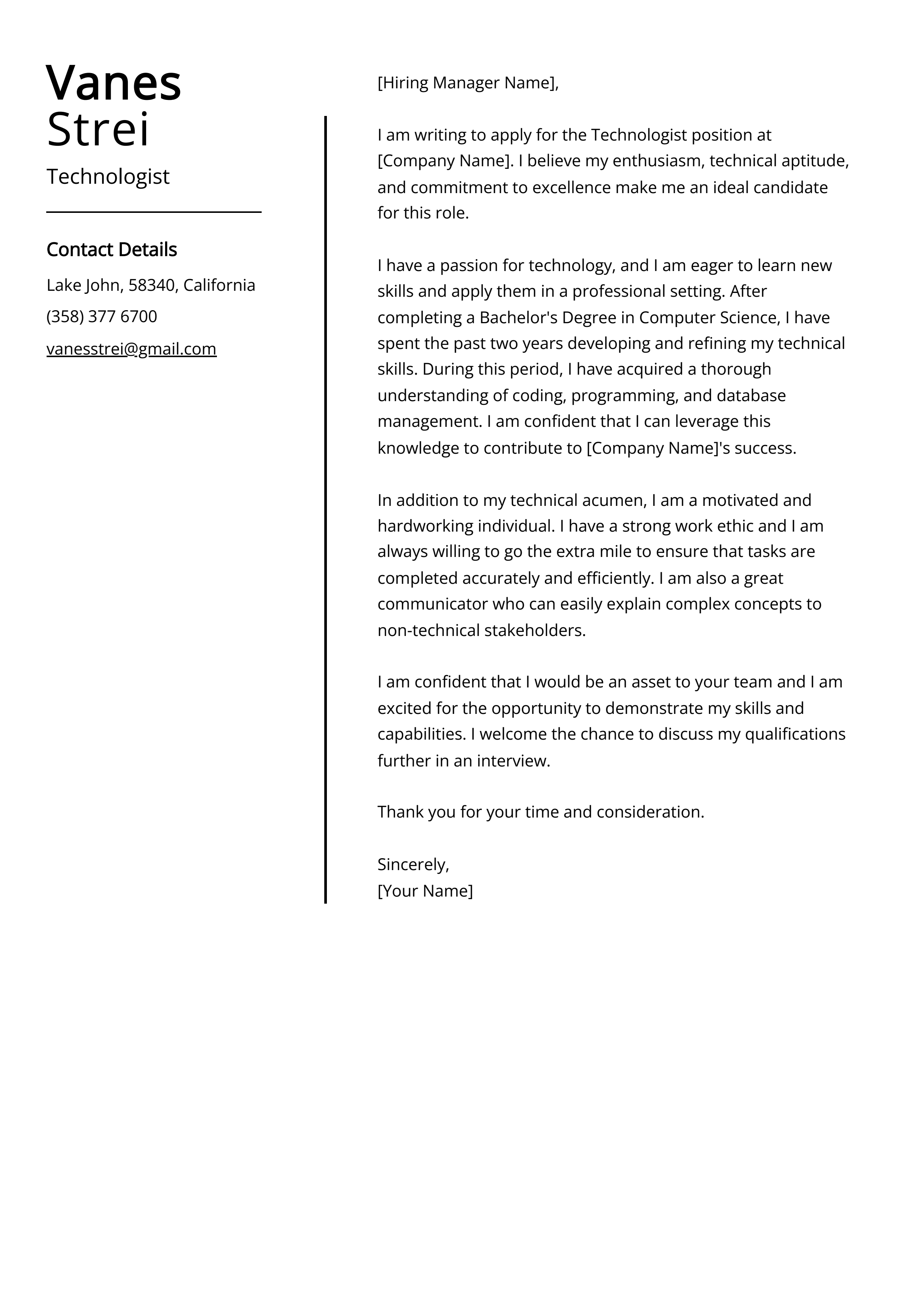 Technologist Cover Letter Example