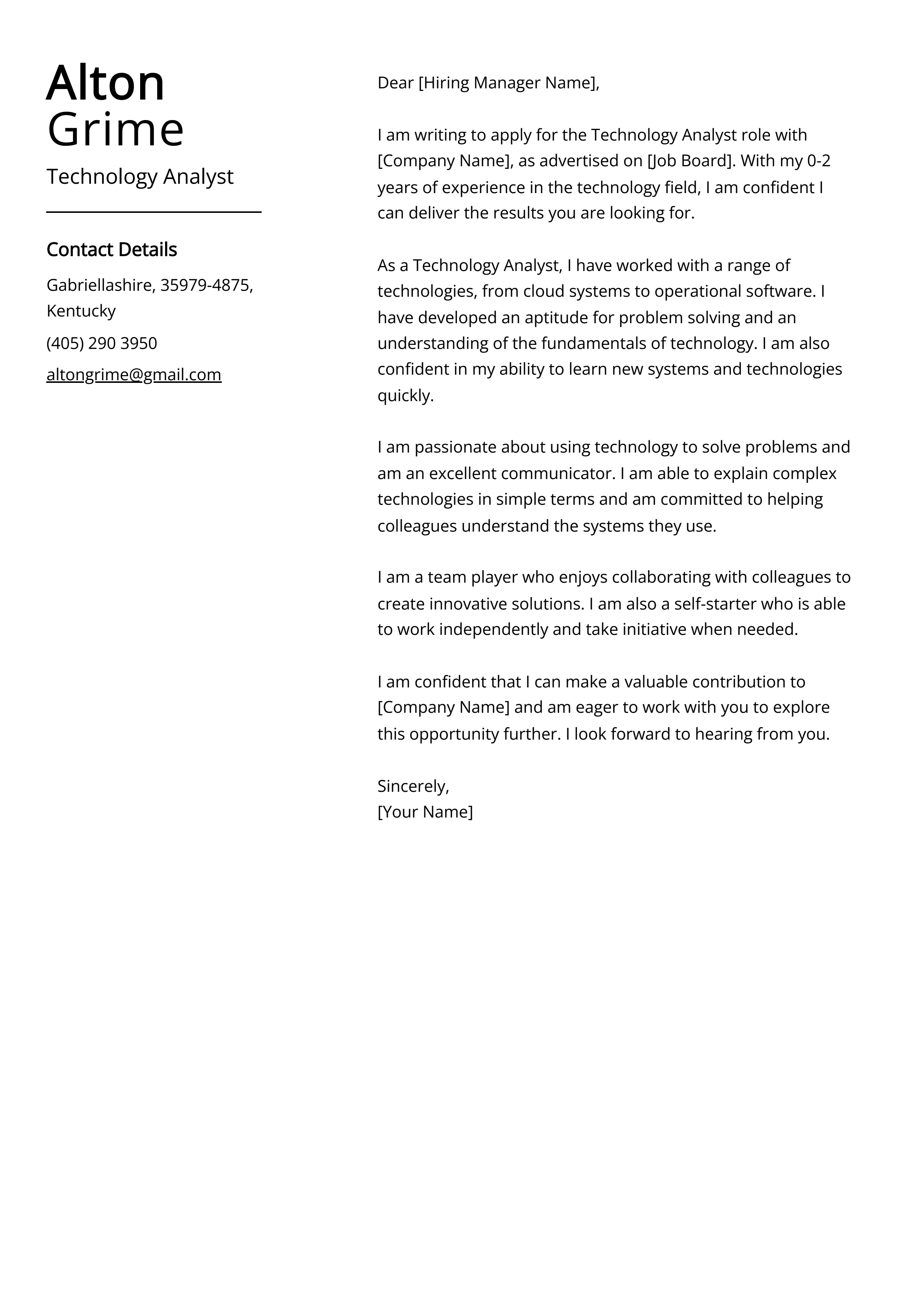 Technology Analyst Cover Letter Example