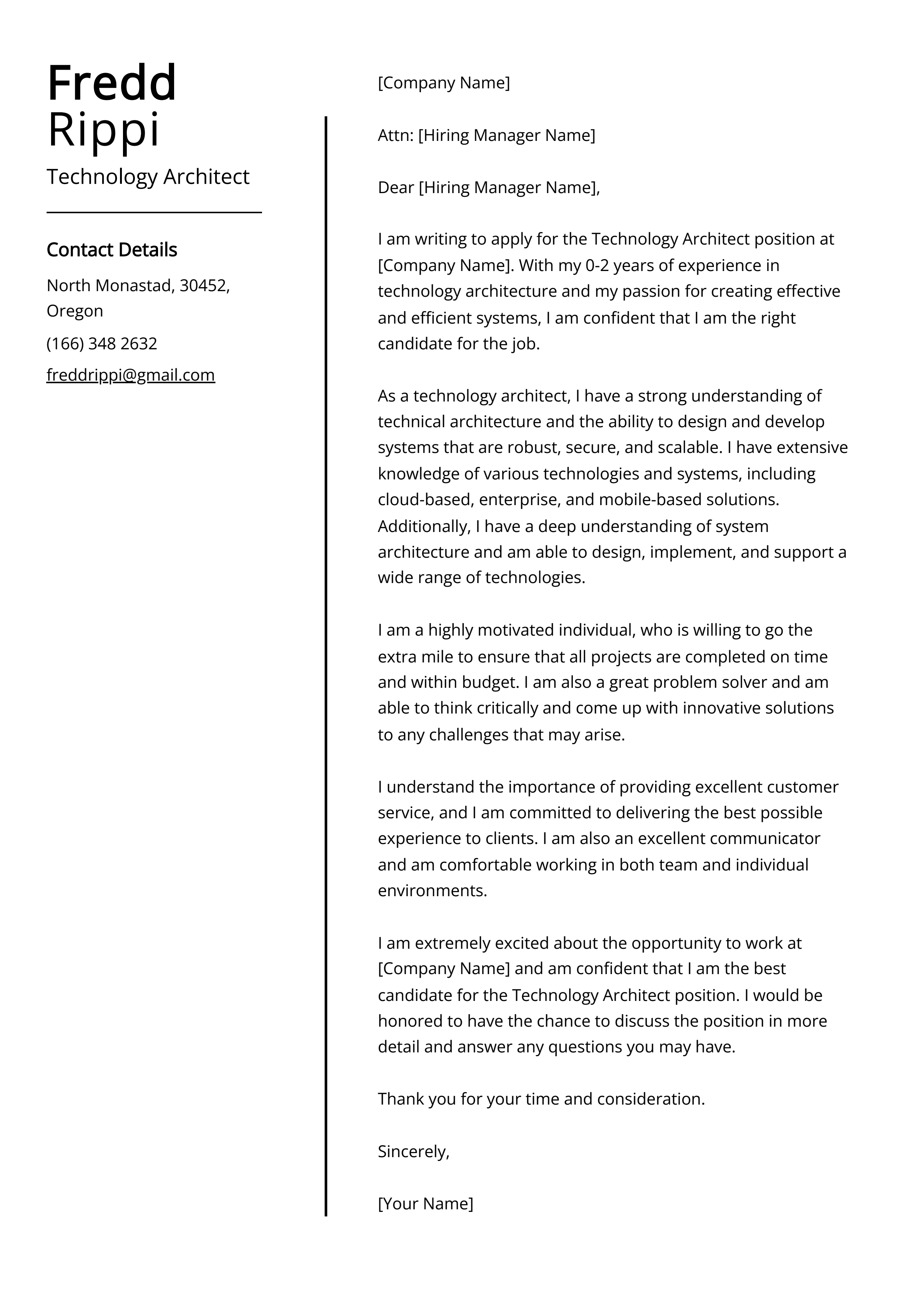 Technology Architect Cover Letter Example