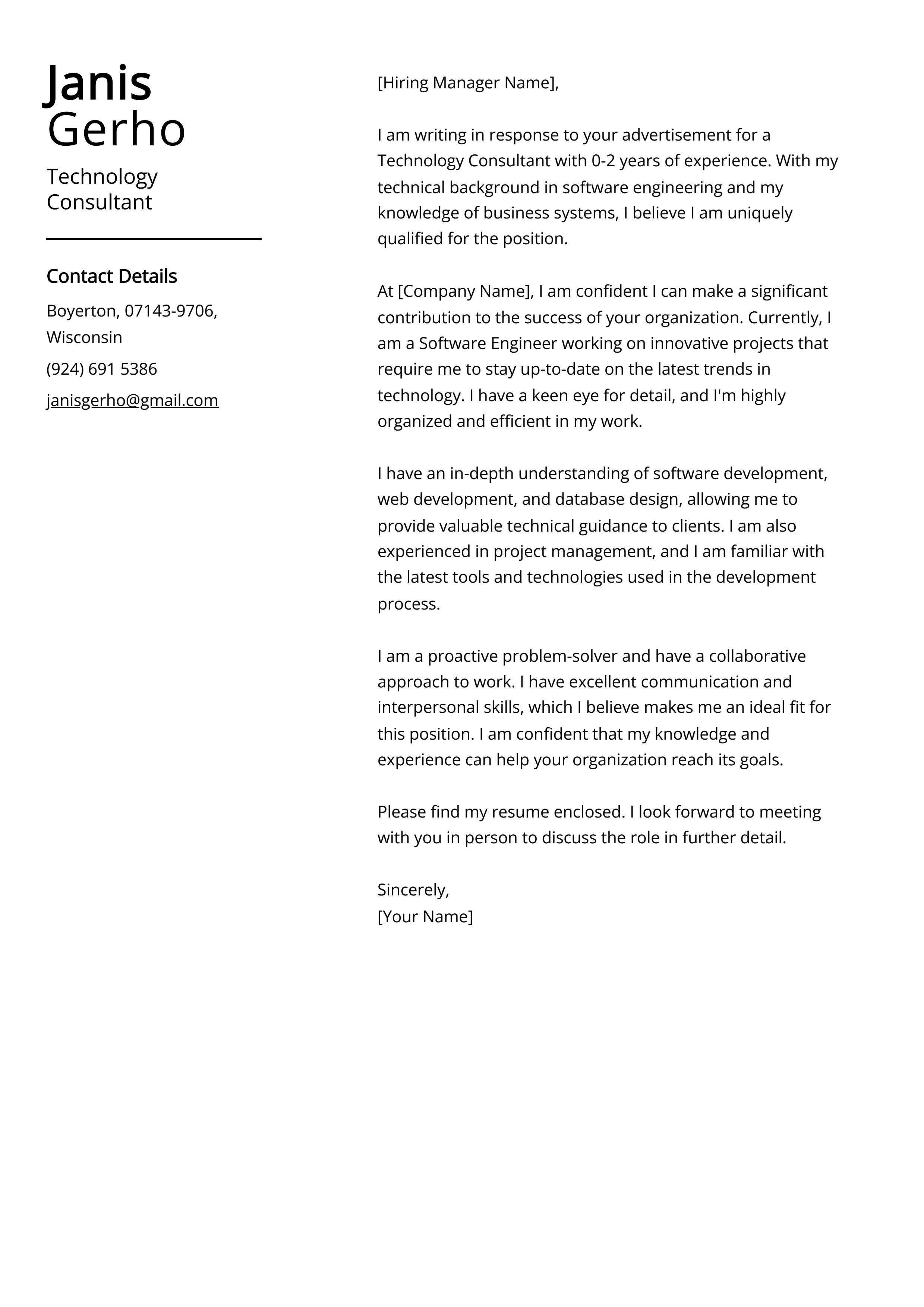 Technology Consultant Cover Letter Example