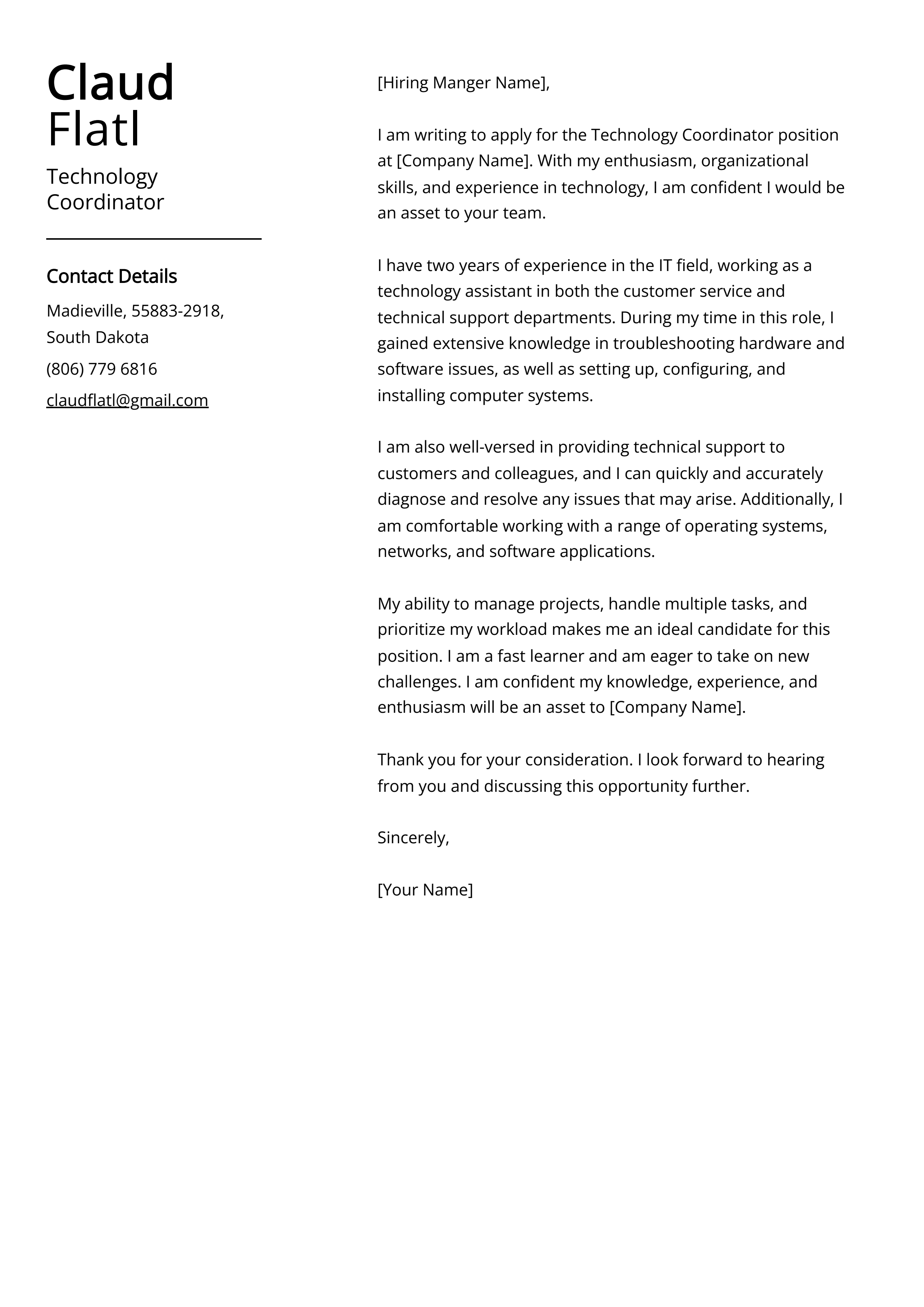 Technology Coordinator Cover Letter Example