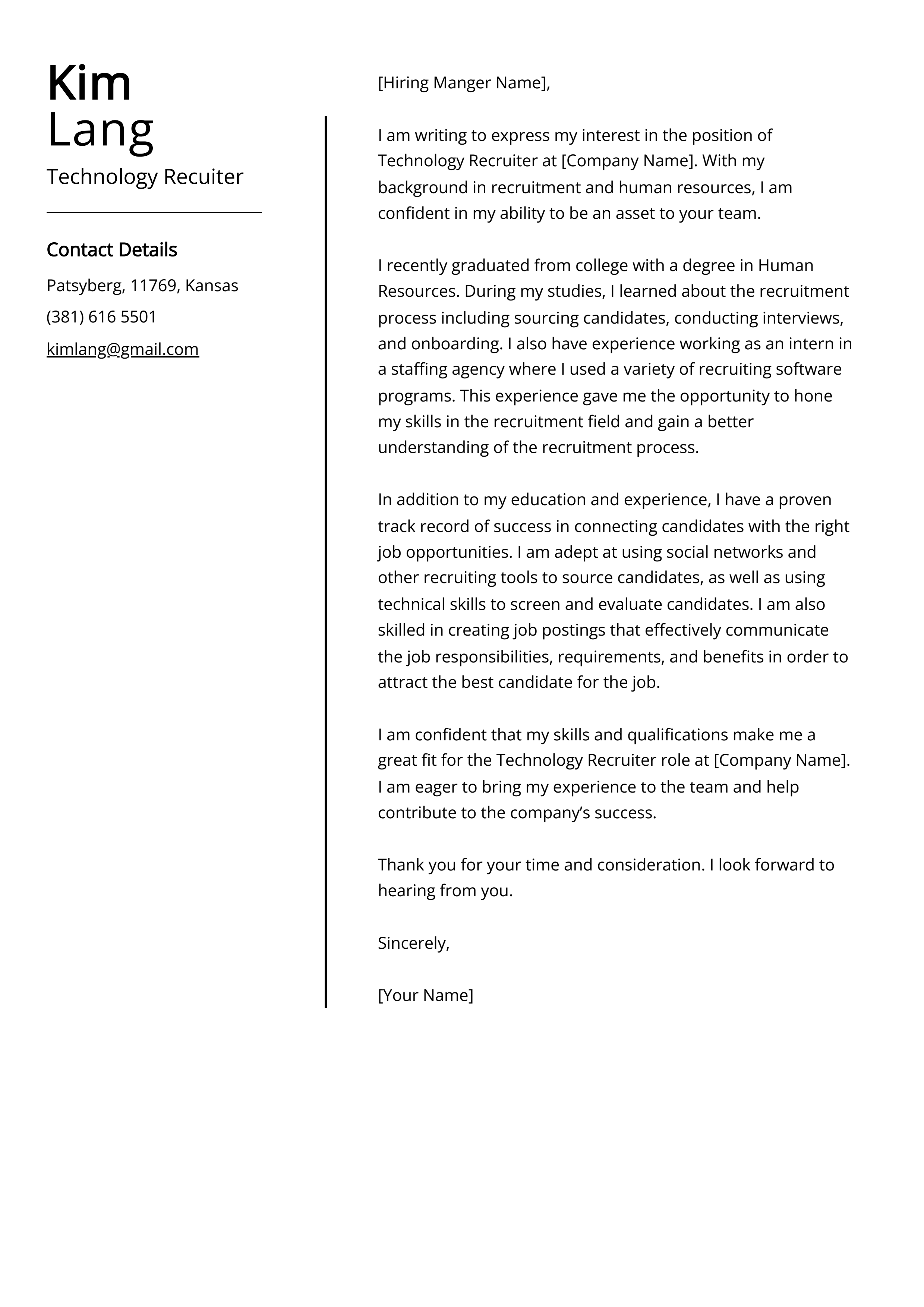 Technology Recuiter Cover Letter Example