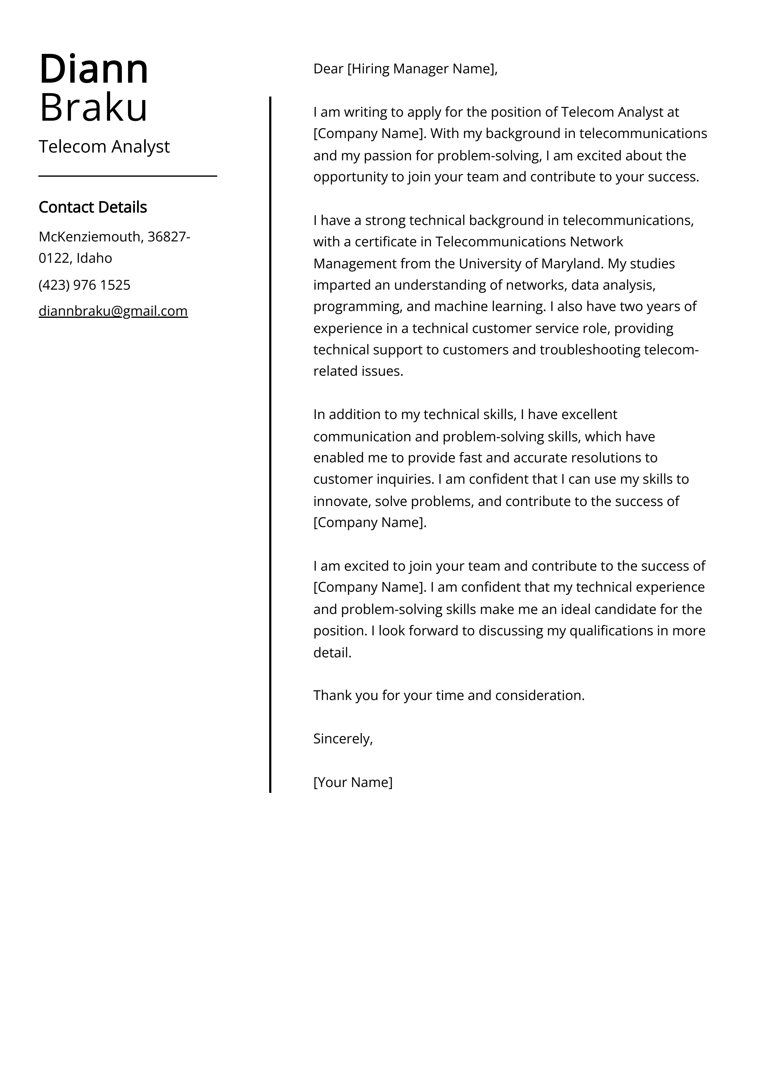 Telecom Analyst Cover Letter Example