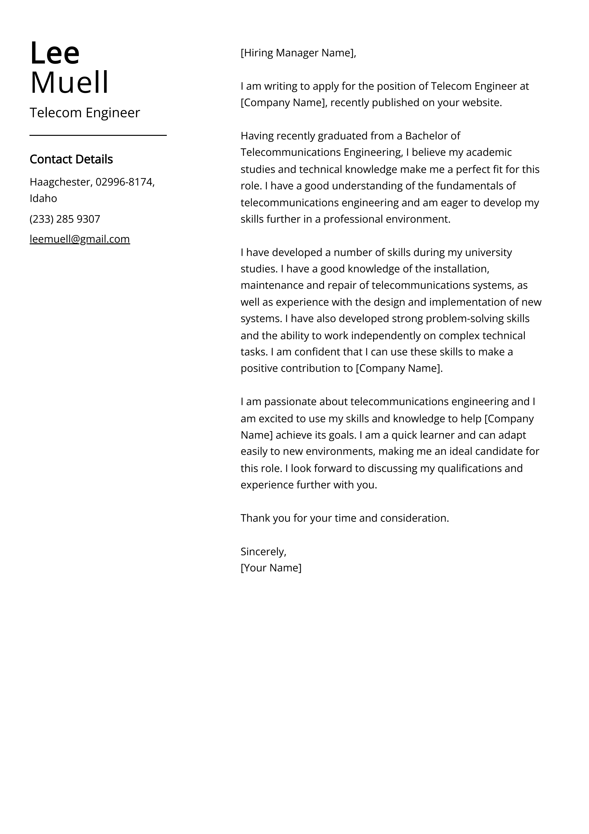 Telecom Engineer Cover Letter Example