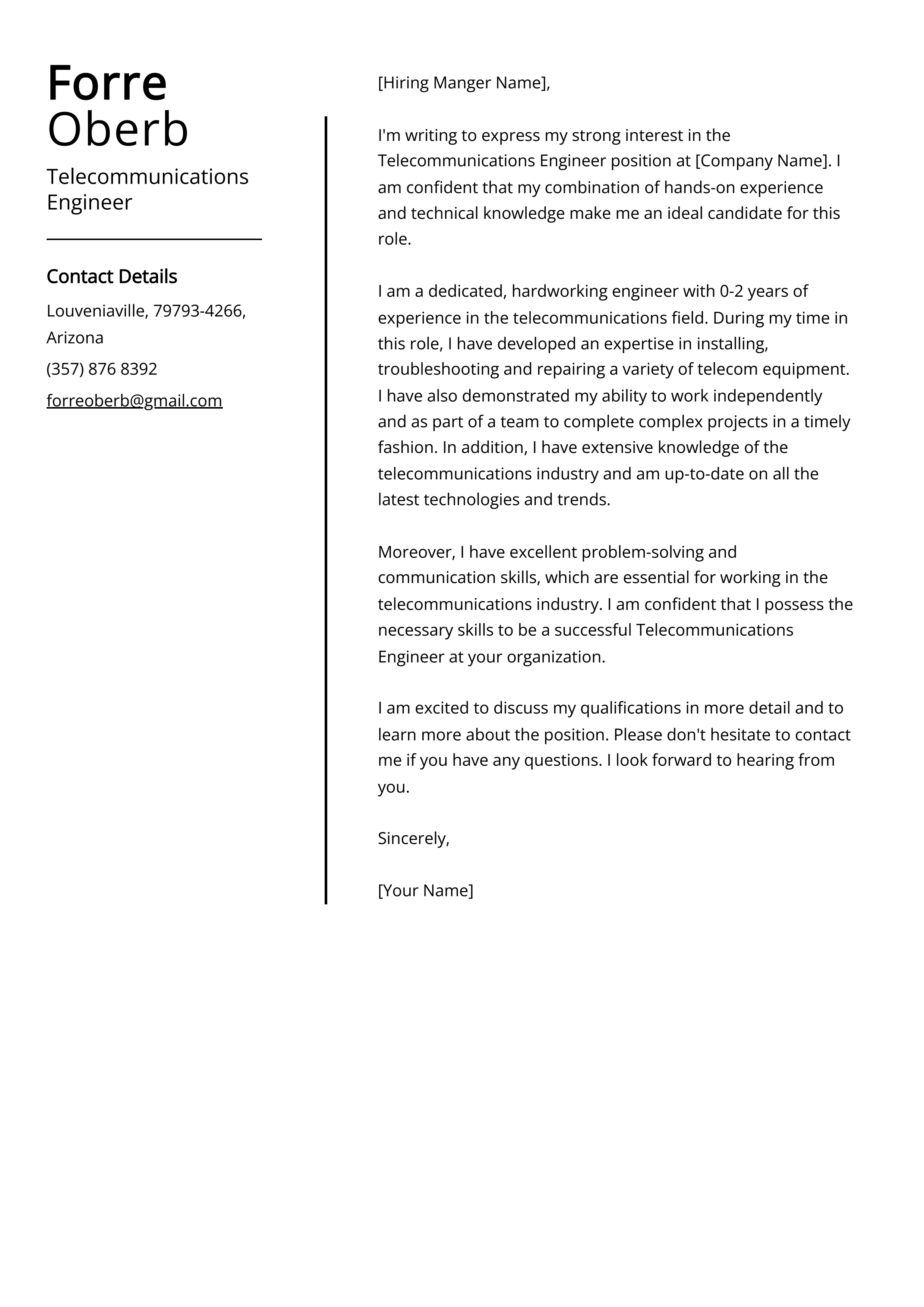 Telecommunications Engineer Cover Letter Example