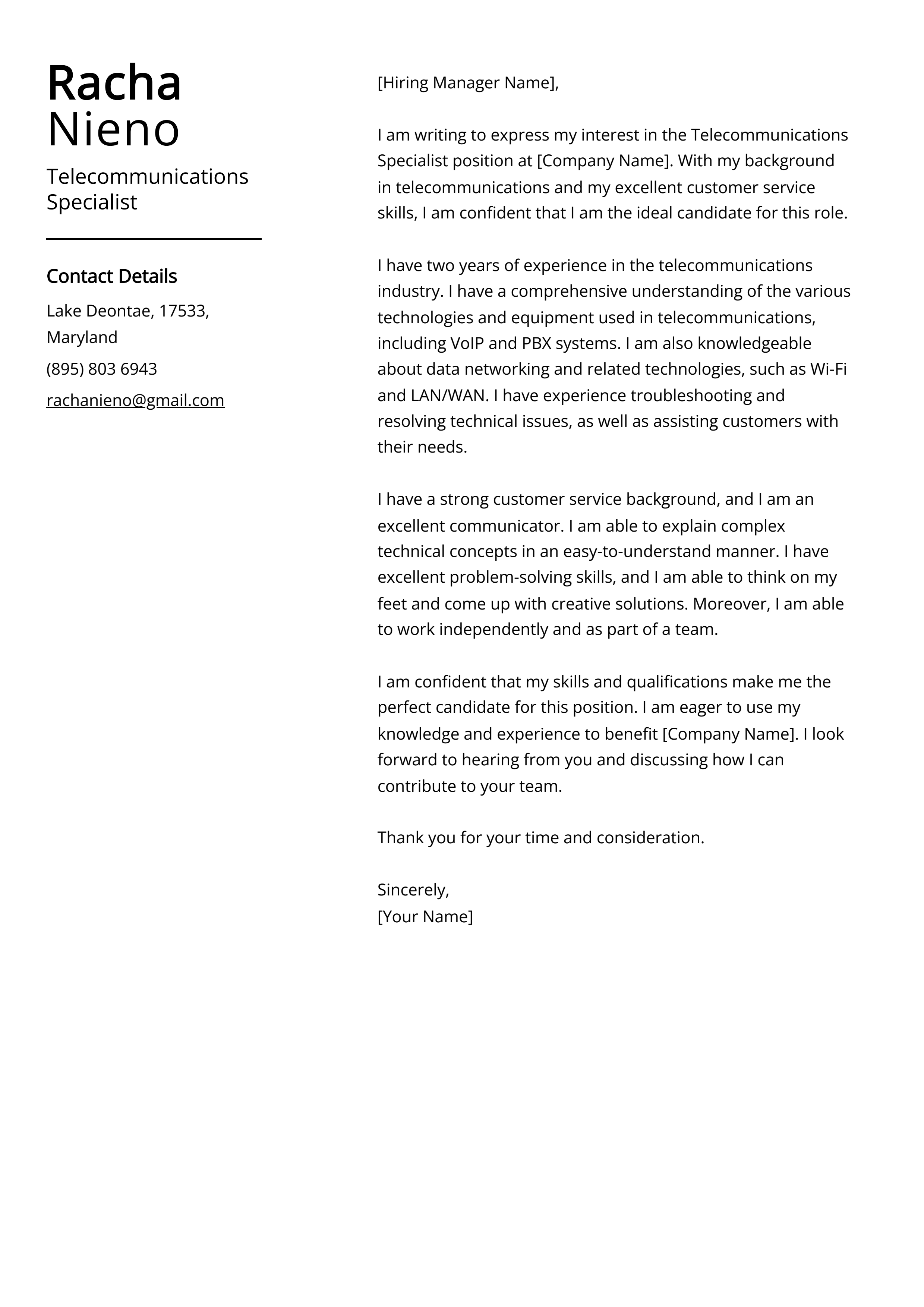 Telecommunications Specialist Cover Letter Example