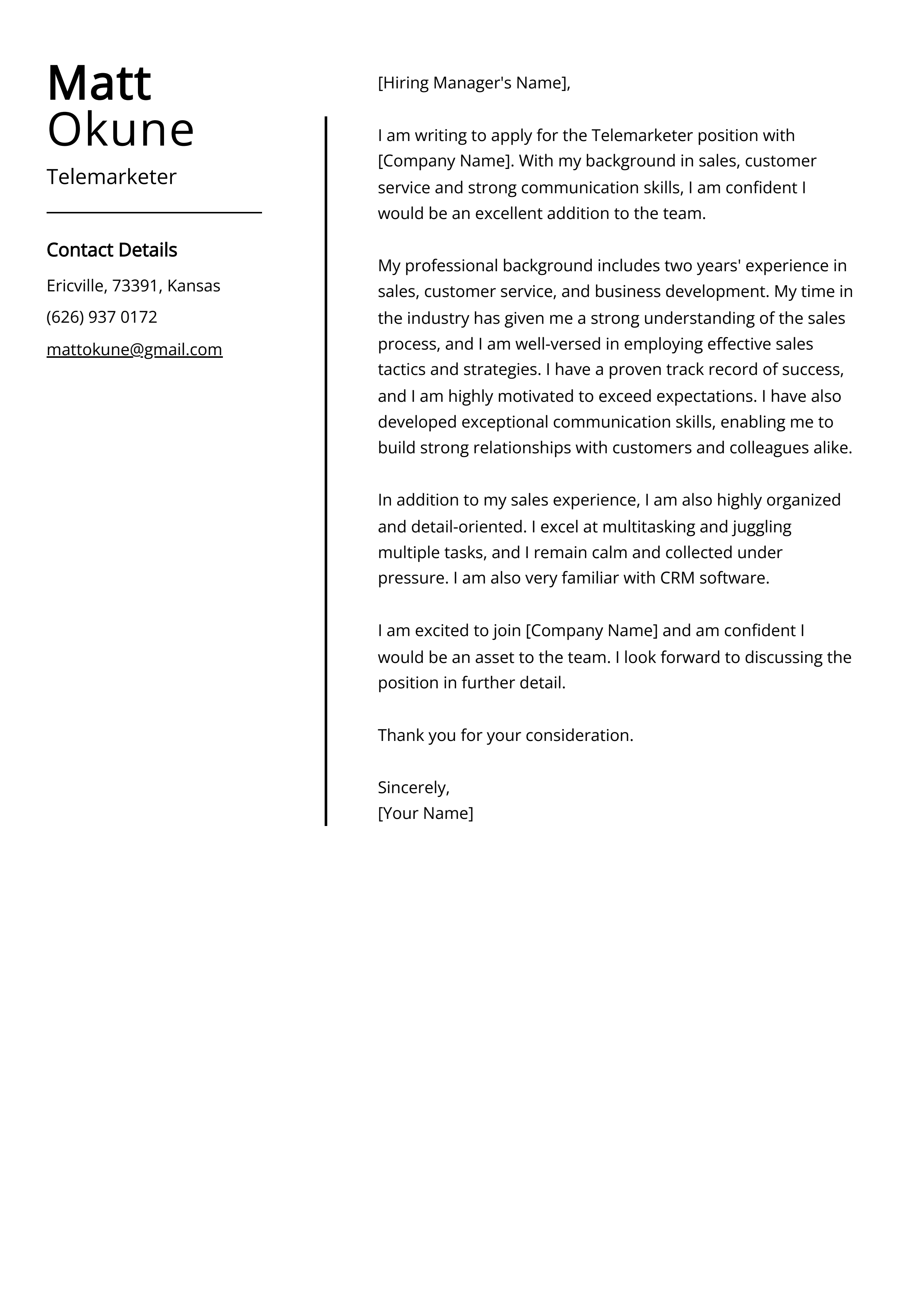 Telemarketer Cover Letter Example