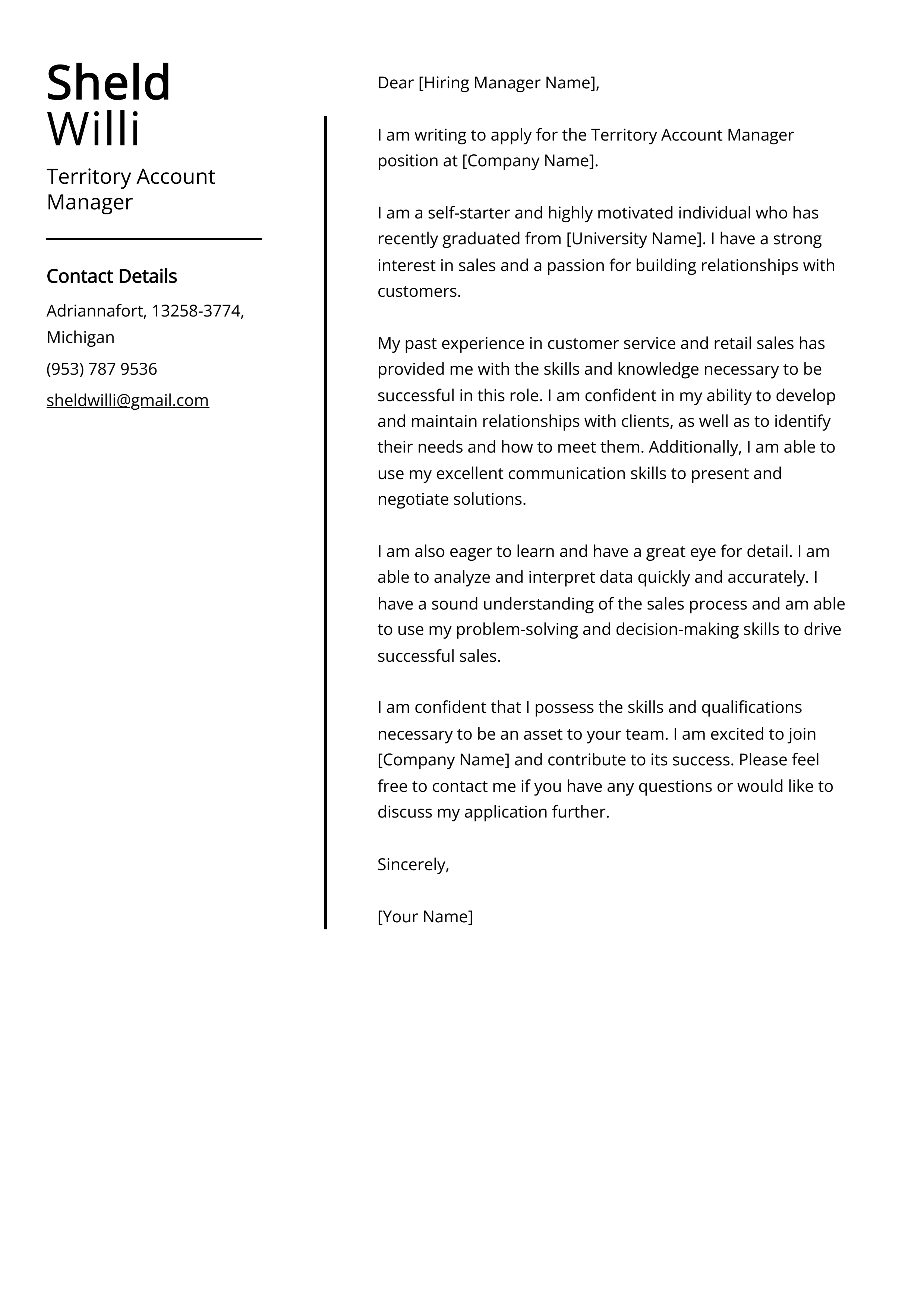 Territory Account Manager Cover Letter Example