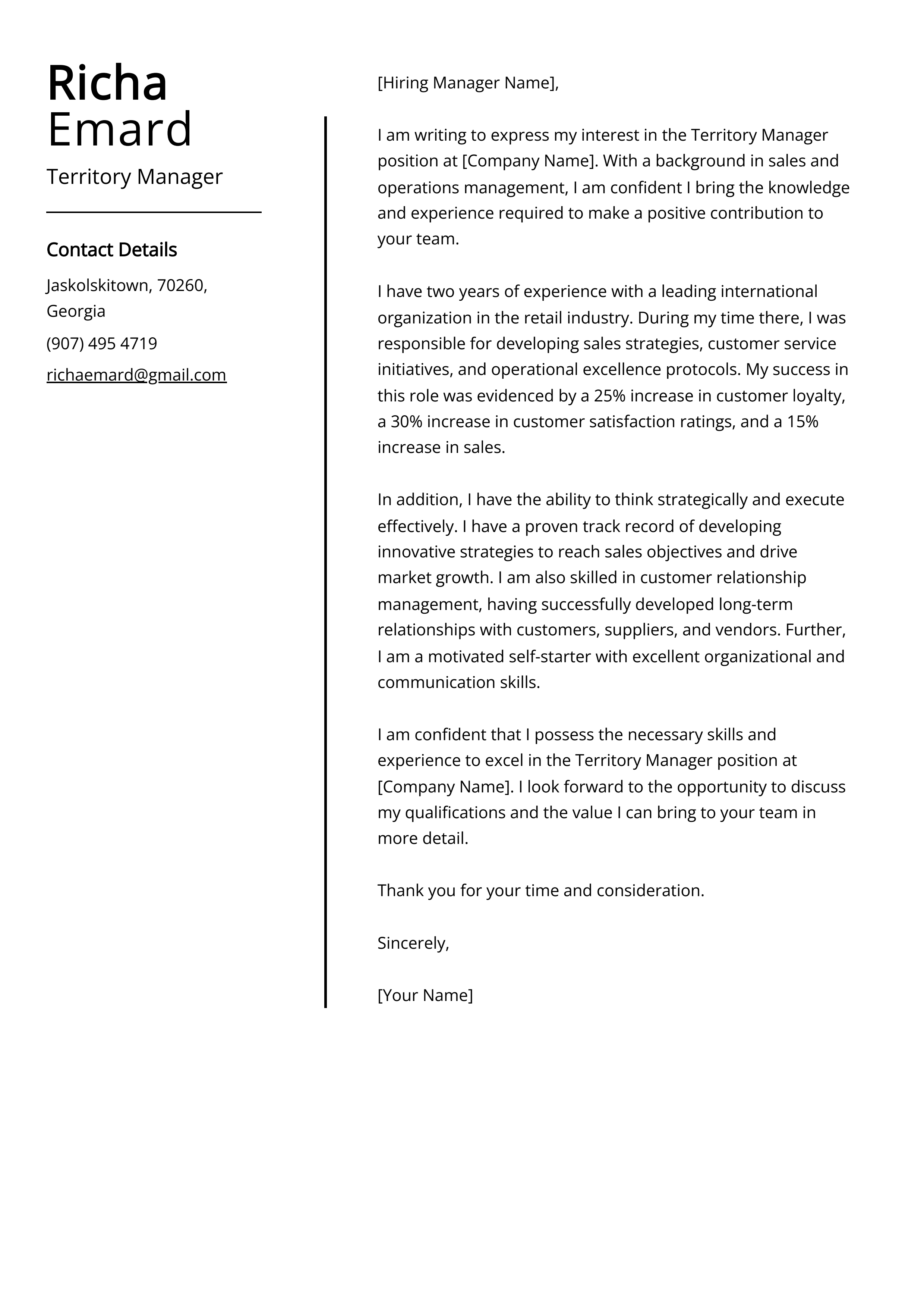 Territory Manager Cover Letter Example