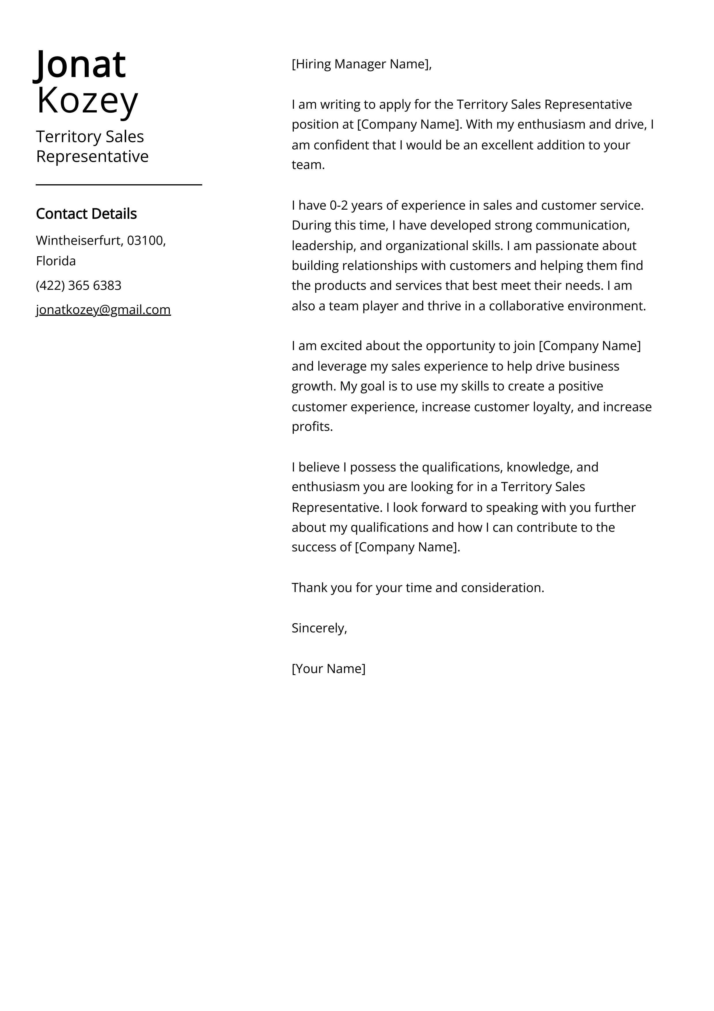 Territory Sales Representative Cover Letter Example