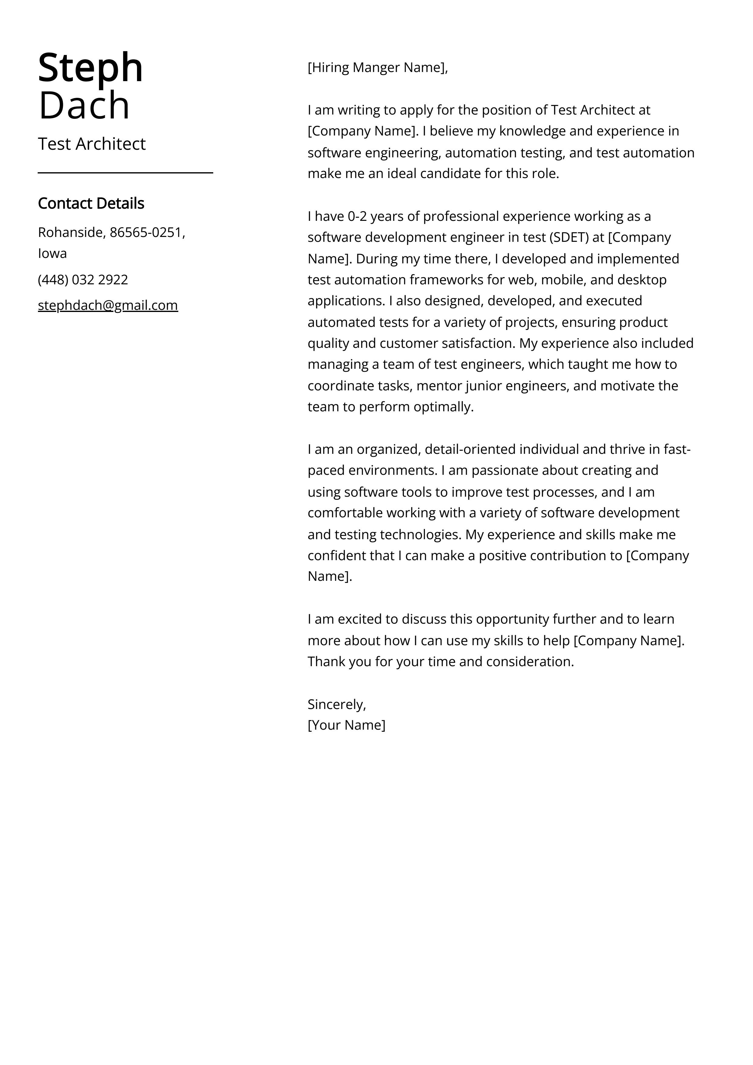 Test Architect Cover Letter Example