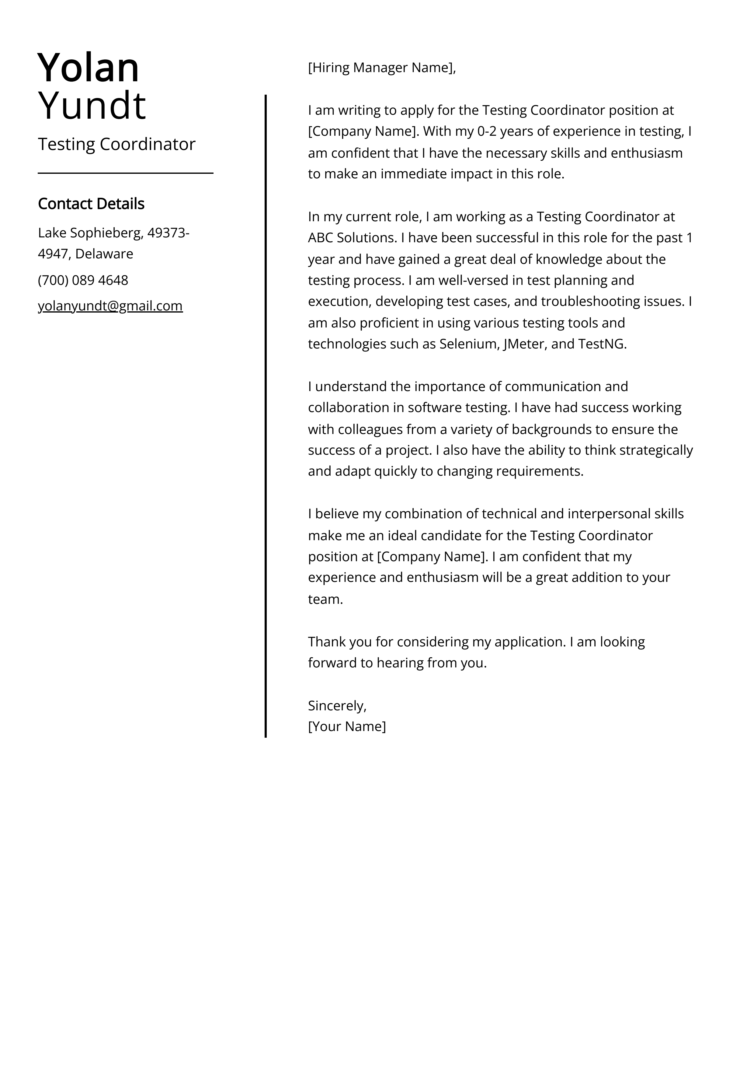 Testing Coordinator Cover Letter Example