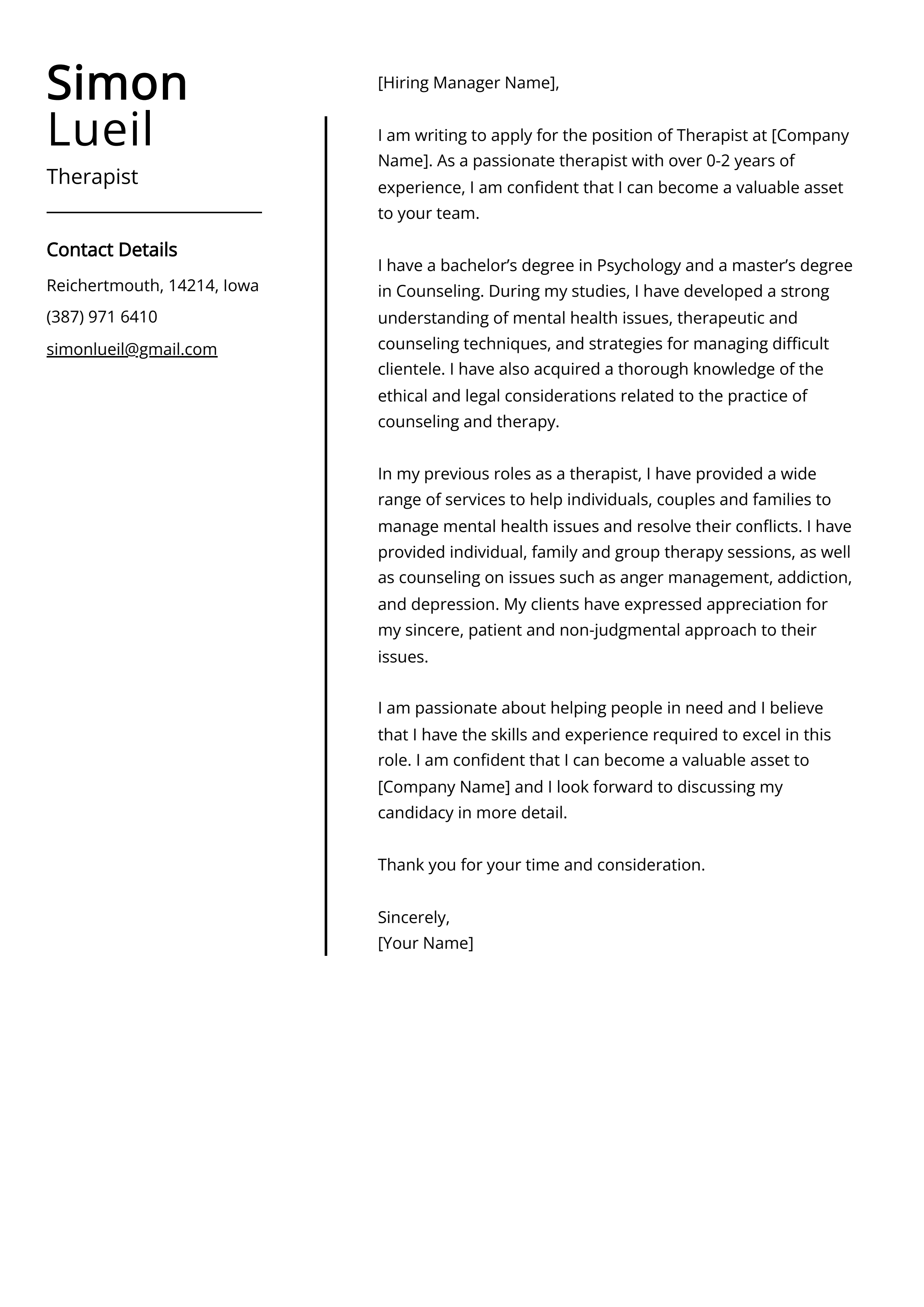 Therapist Cover Letter Example
