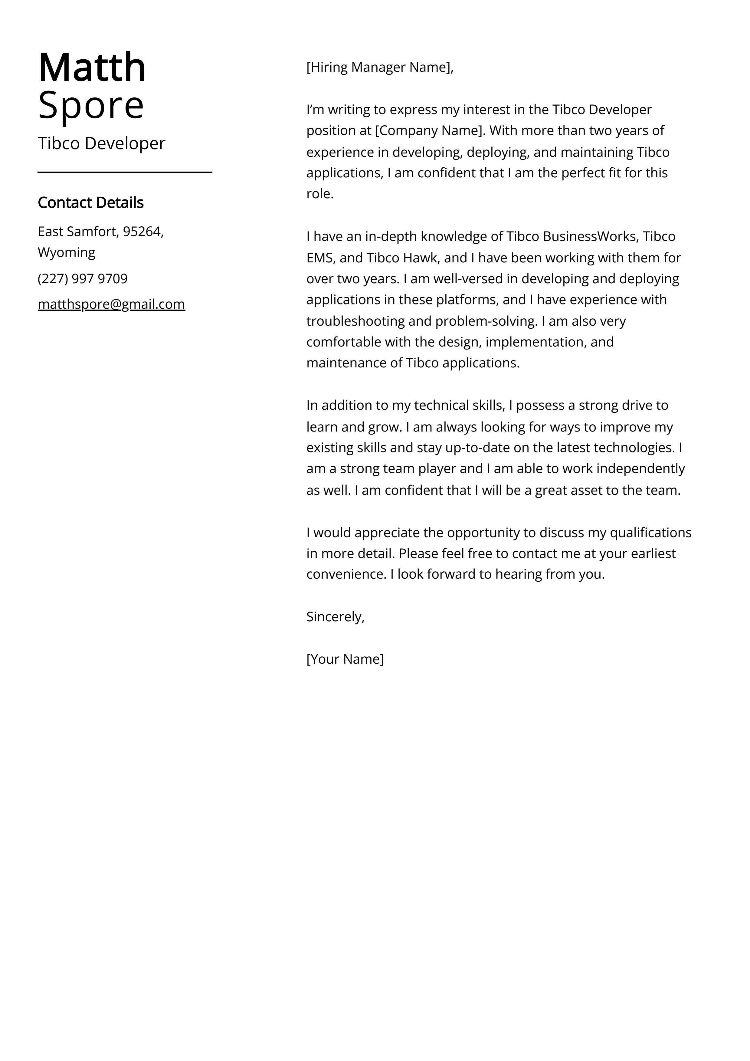 Tibco Developer Cover Letter Example