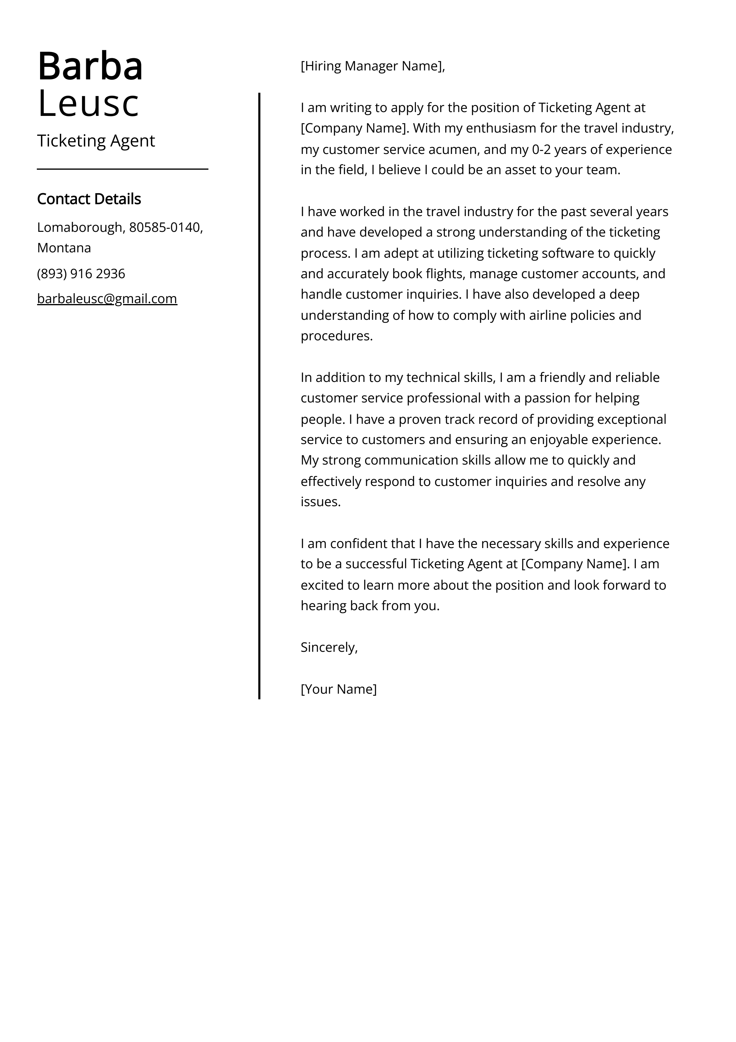 Ticketing Agent Cover Letter Example