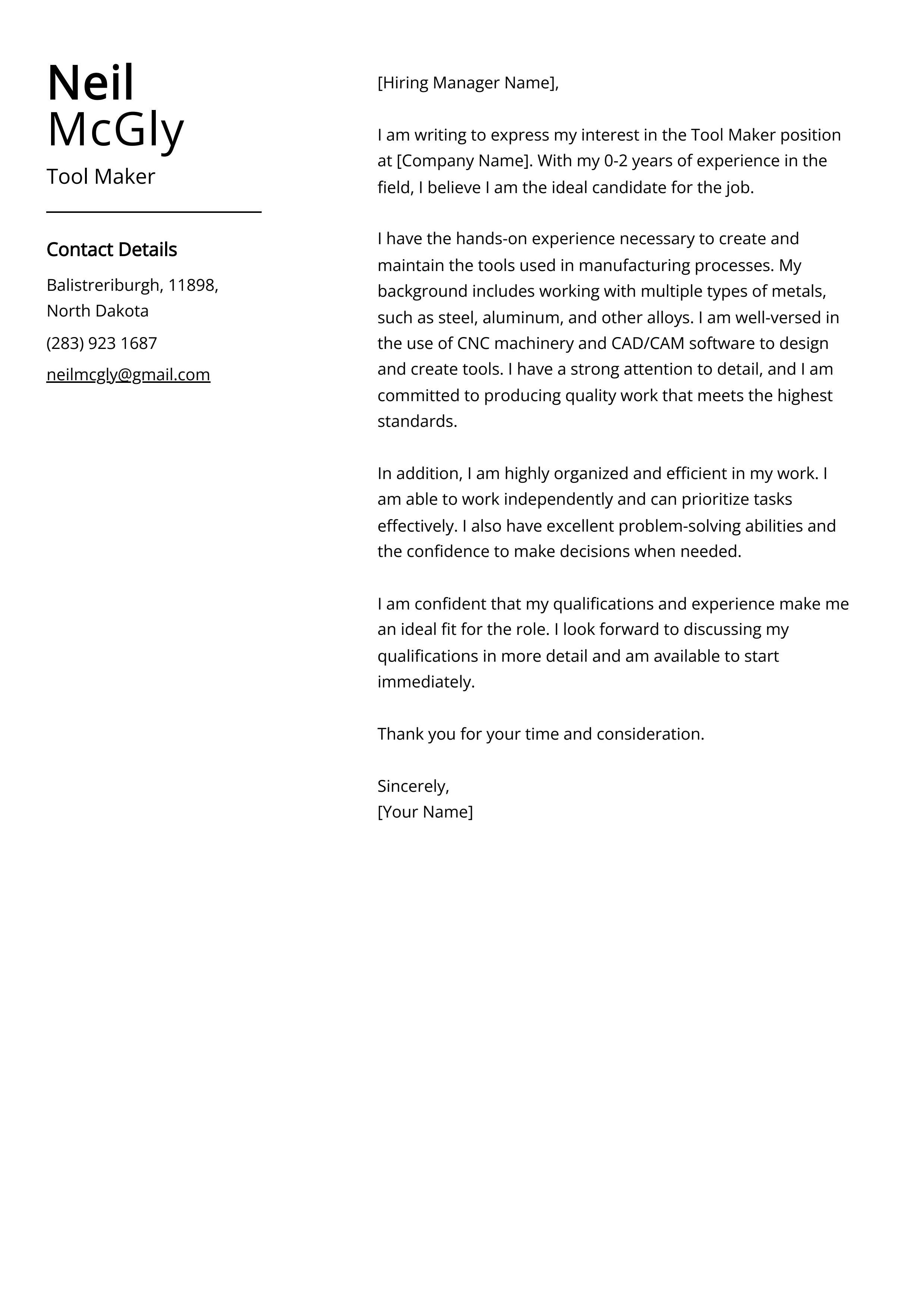 Tool Maker Cover Letter Example