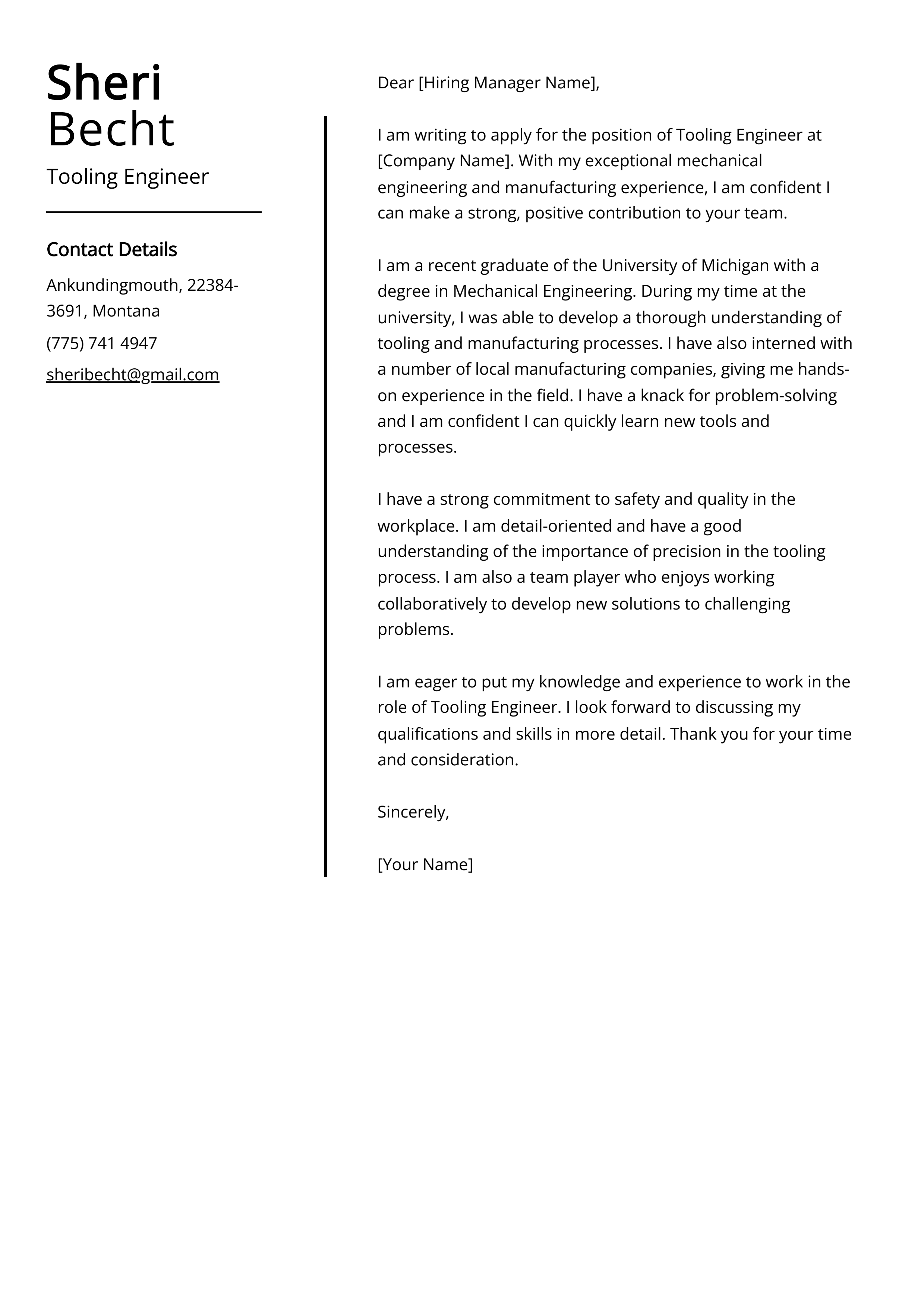Tooling Engineer Cover Letter Example